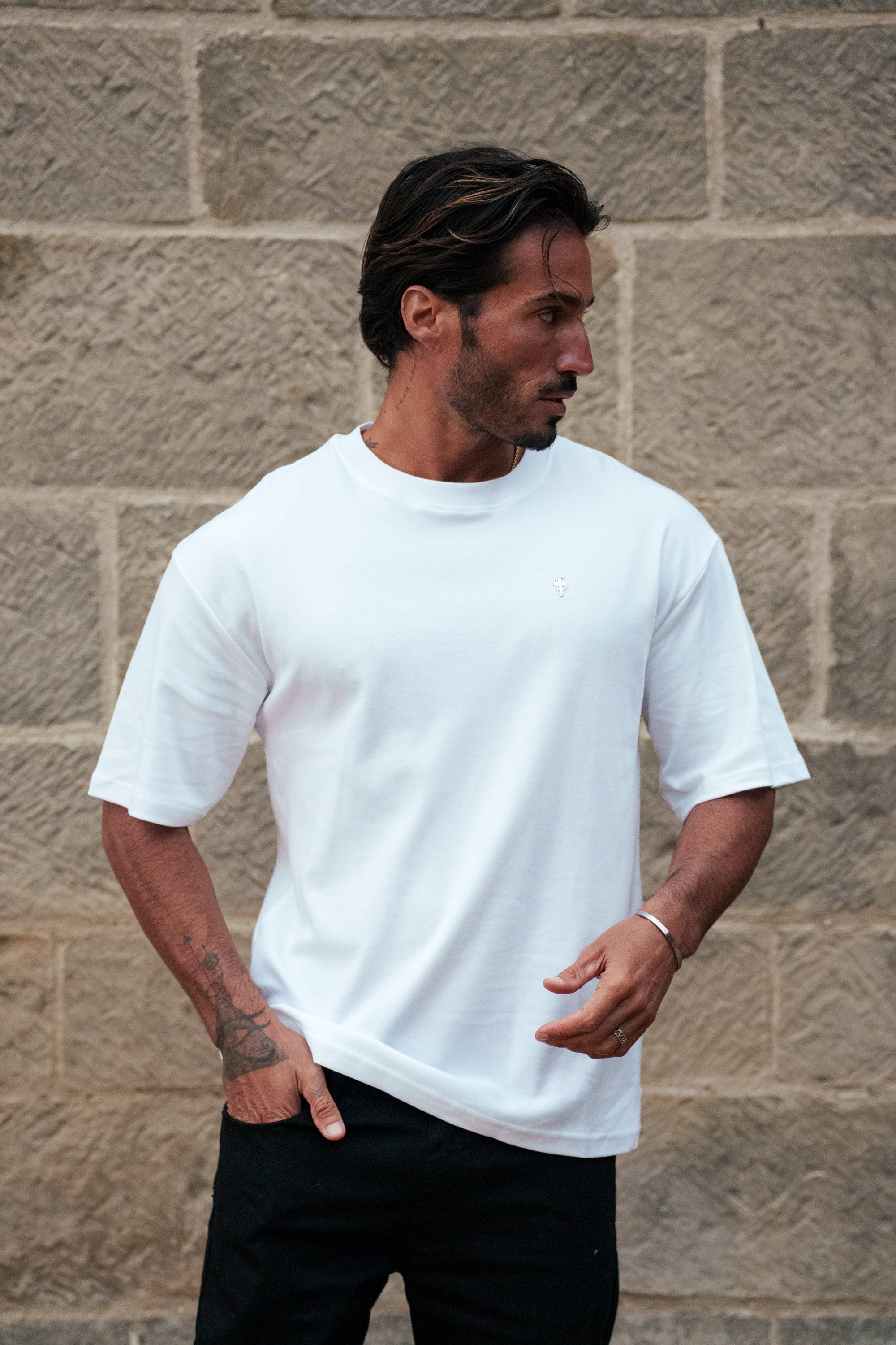 White / Silver Oversized Crew T Shirt - FSH1423