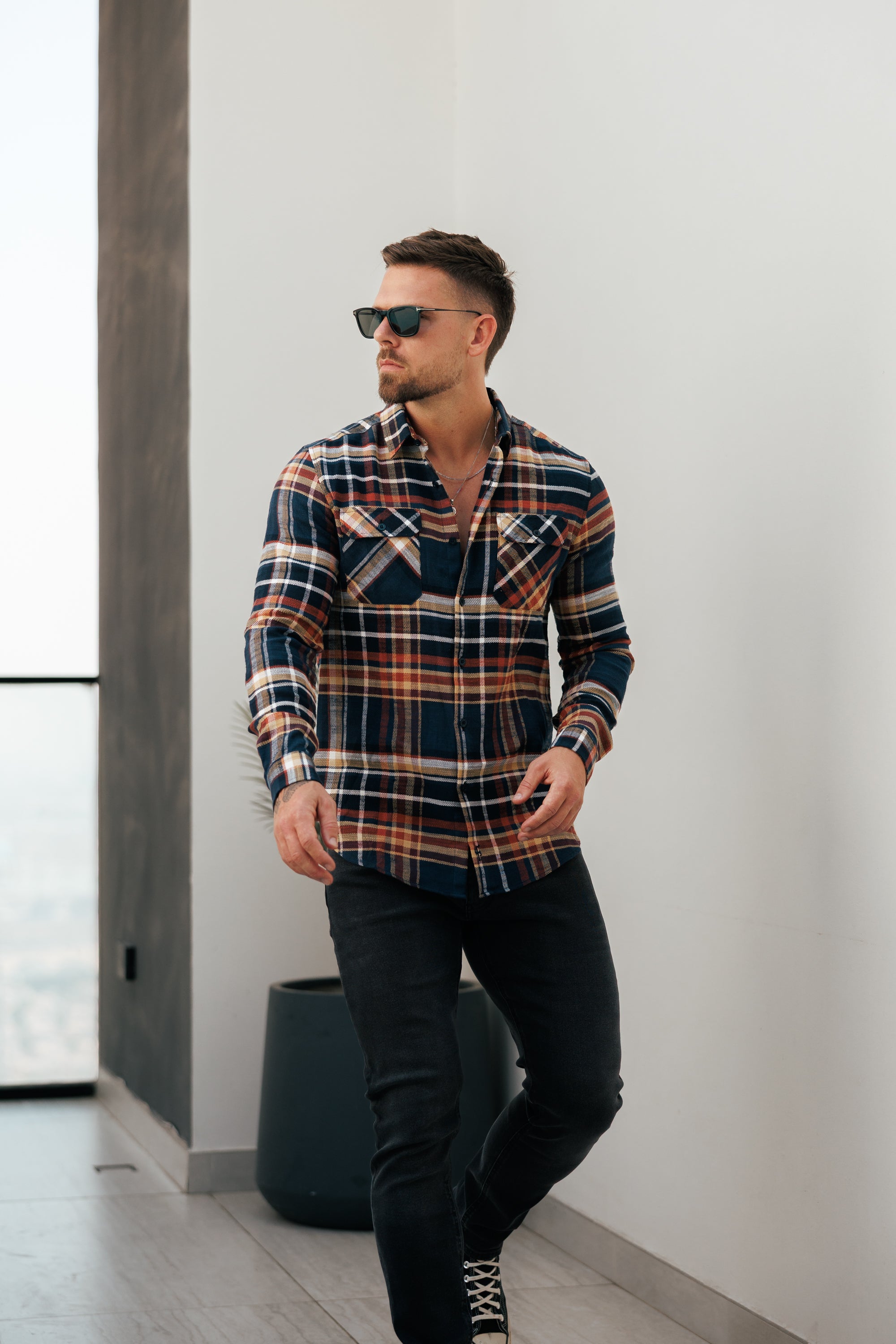 Navy / Tan Check Shacket With Double Pockets - FS1197