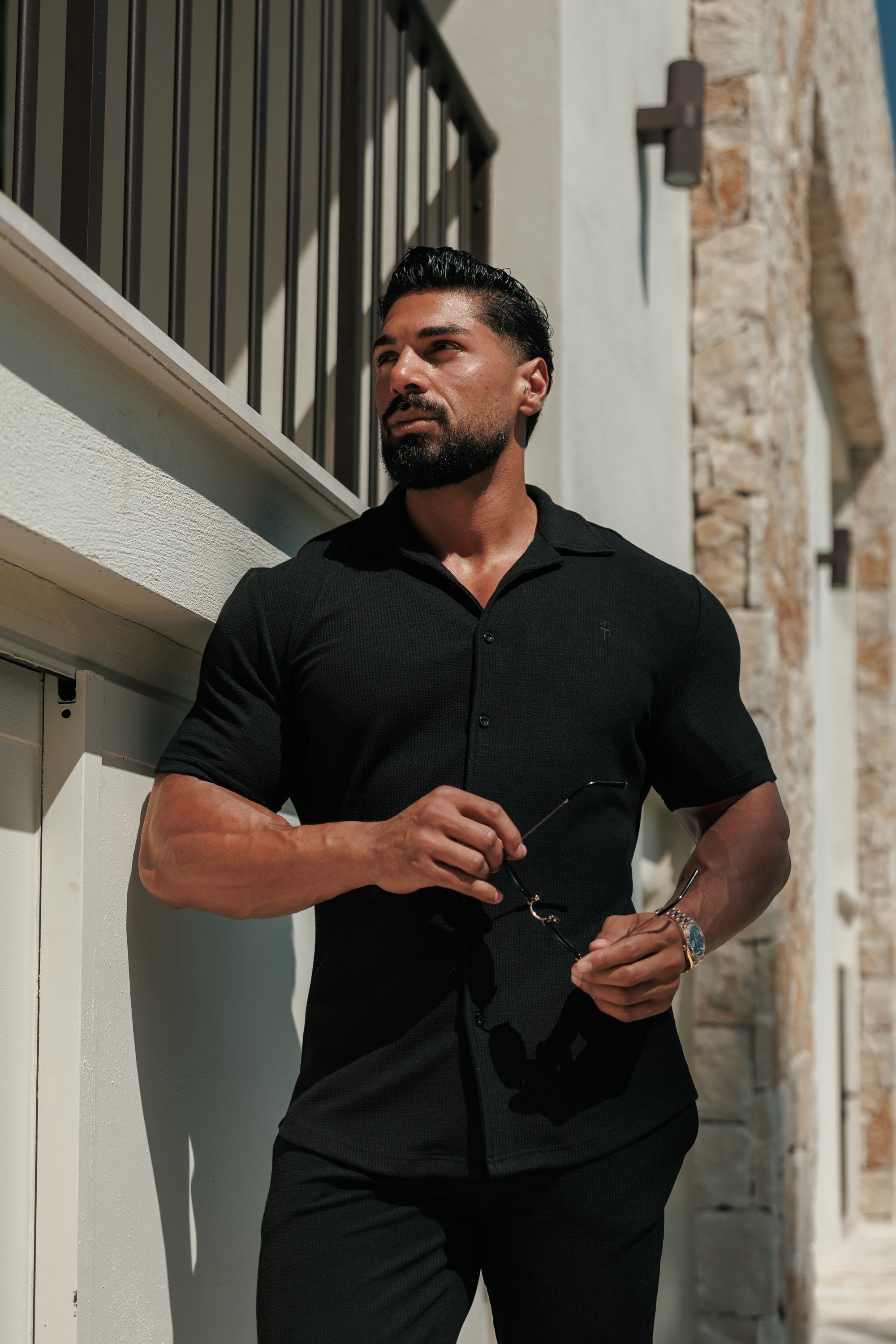 Jersey Cord Stretch Black Revere Shirt Short Sleeve - FSR070 (PRE ORDER 30TH JUNE)