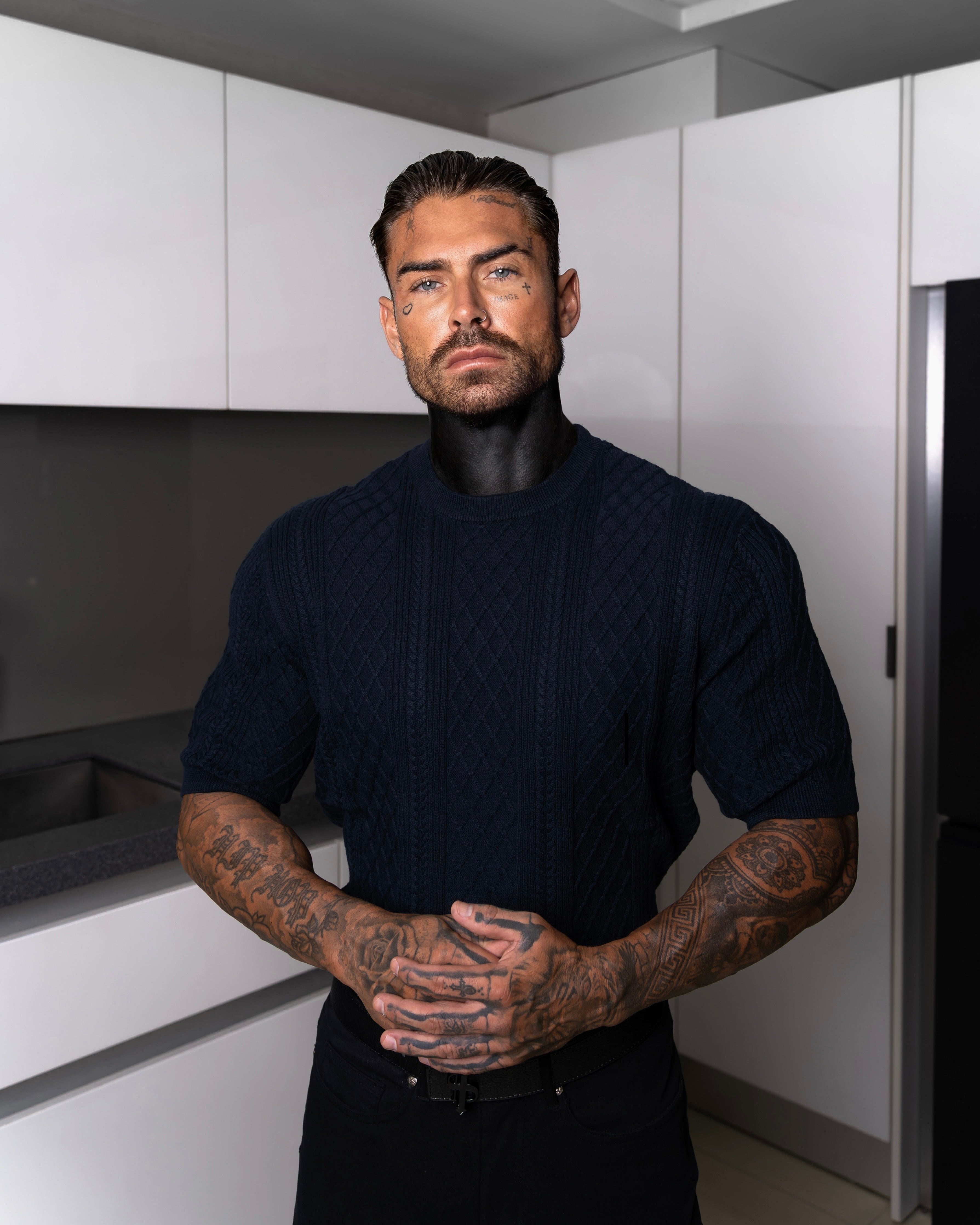 Fine Knit Diamond Navy Jumper Short Sleeve - FSA011