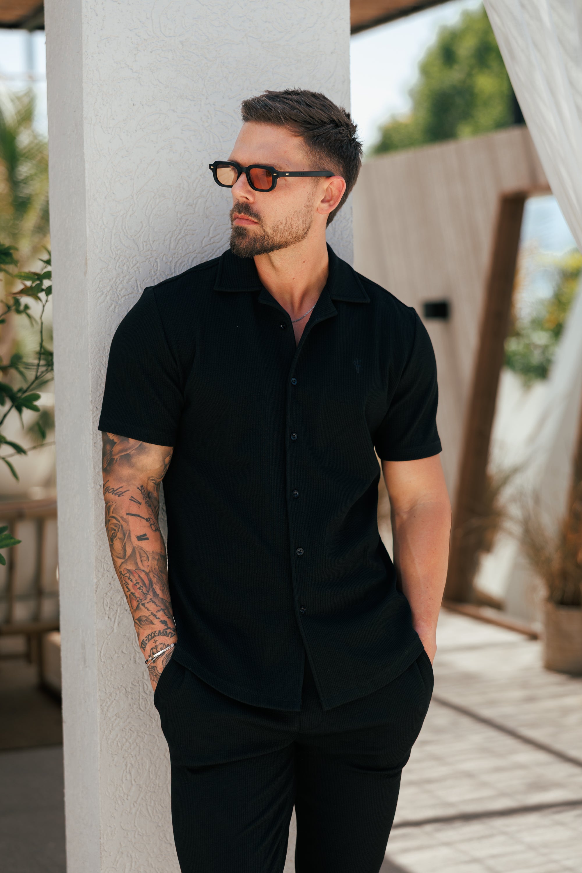 Jersey Cord Stretch Black Revere Shirt Short Sleeve - FSR070