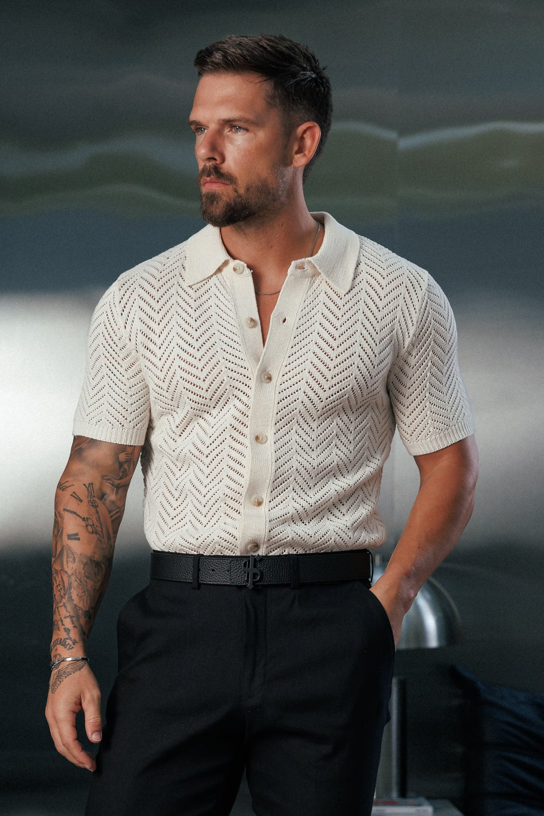 Cream Chevron Perforated Shirt Short Sleeve - FSA015