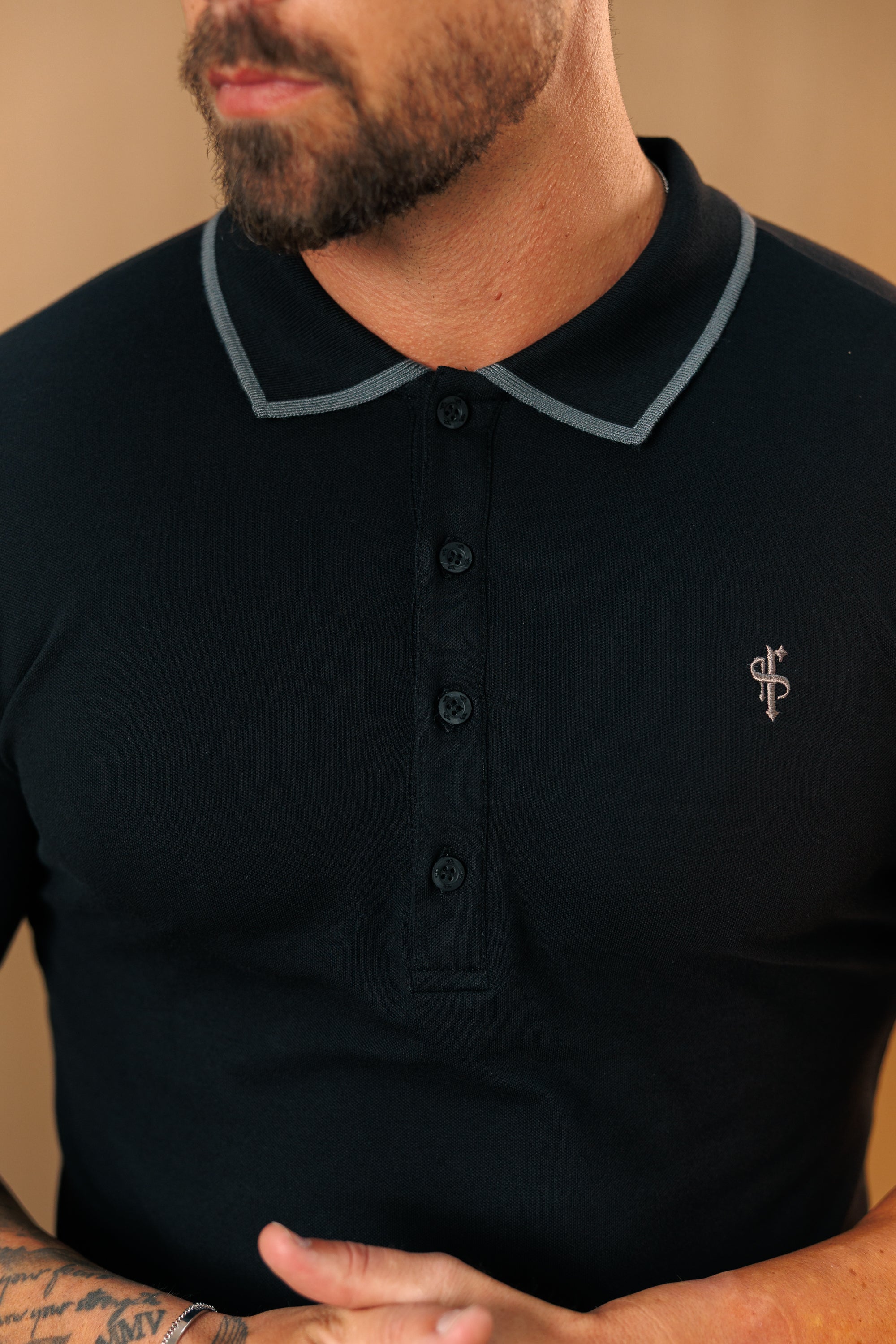 Black / Charcoal Polo Shirt With Contrast Collar and Sleeve - FSH1670