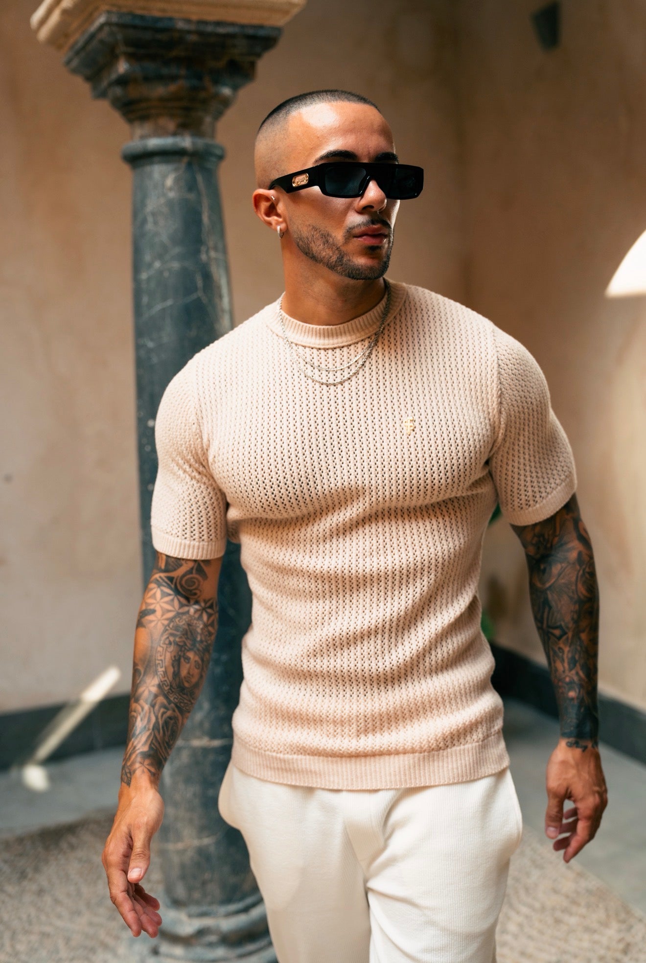 Beige Viscose Plain Knitted Short Sleeve T-Shirt - FSJ186 (PRE ORDER 12TH AUGUST)