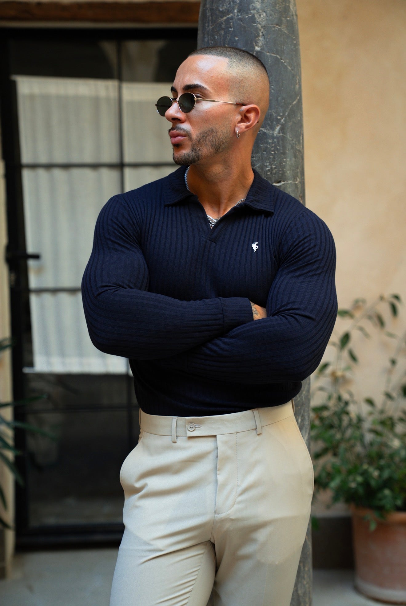 Navy / Gold Metal Emblem Ribbed Revere Polo Shirt Long Sleeve - FSH1486