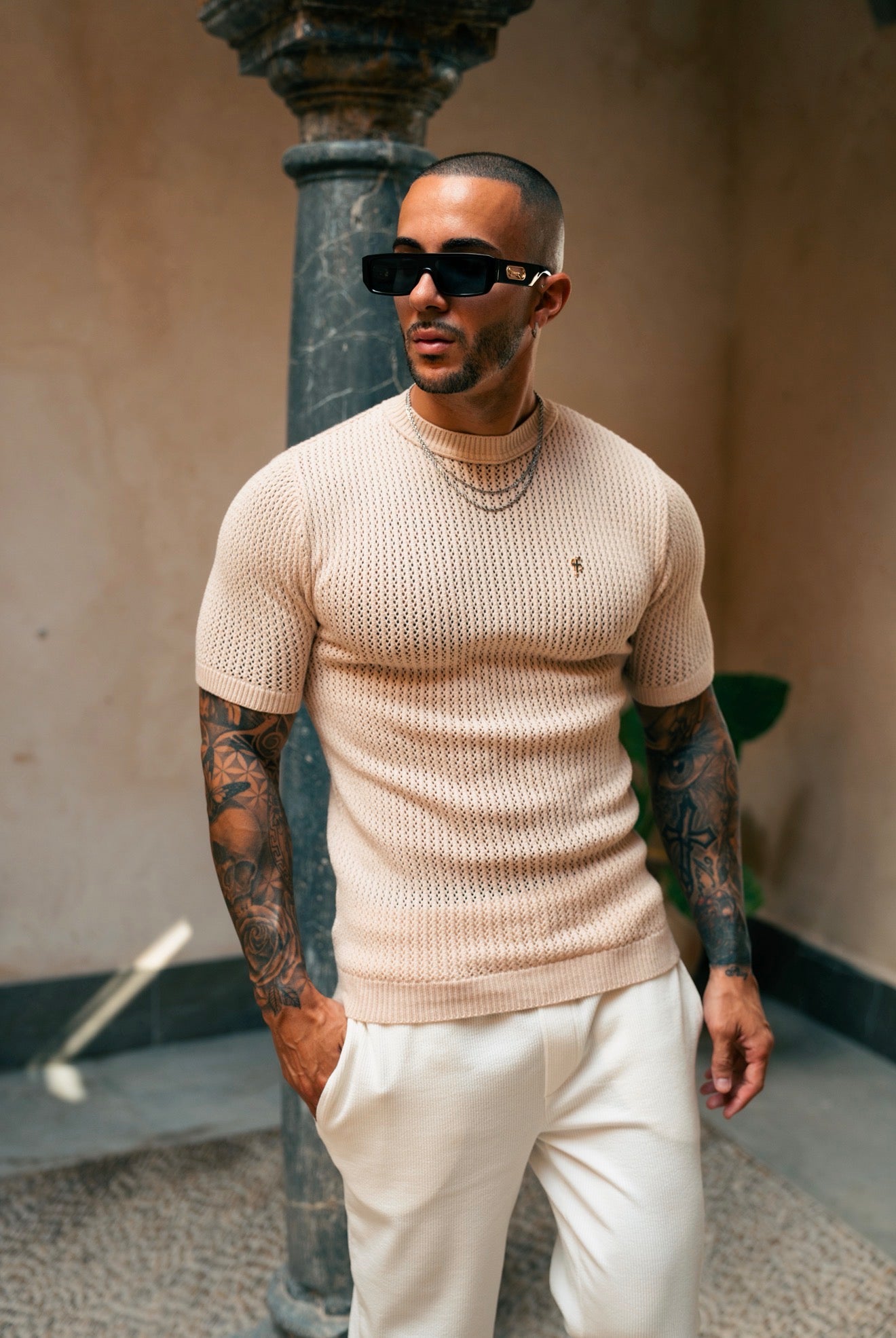 Beige Viscose Plain Knitted Short Sleeve T-Shirt - FSJ186 (PRE ORDER 12TH AUGUST)