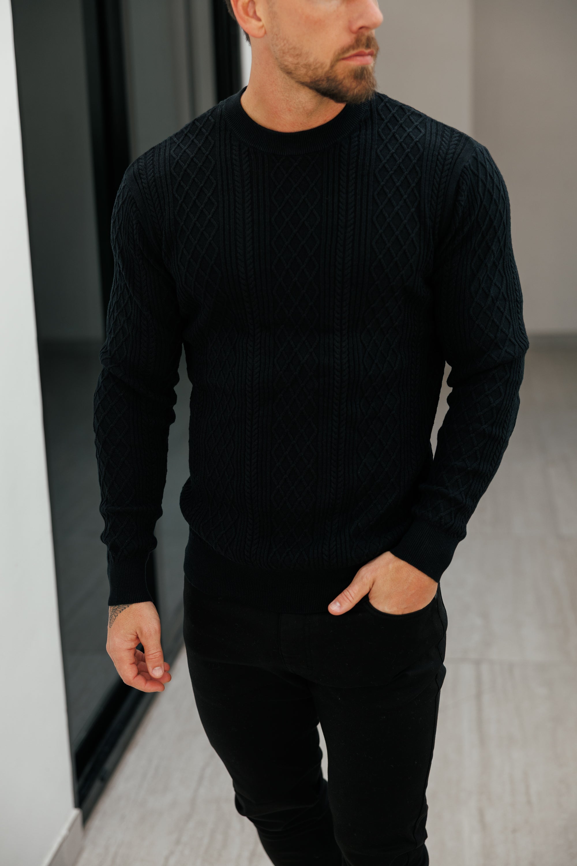 Fine Knit Diamond Black Jumper Long Sleeve  -  FSA006