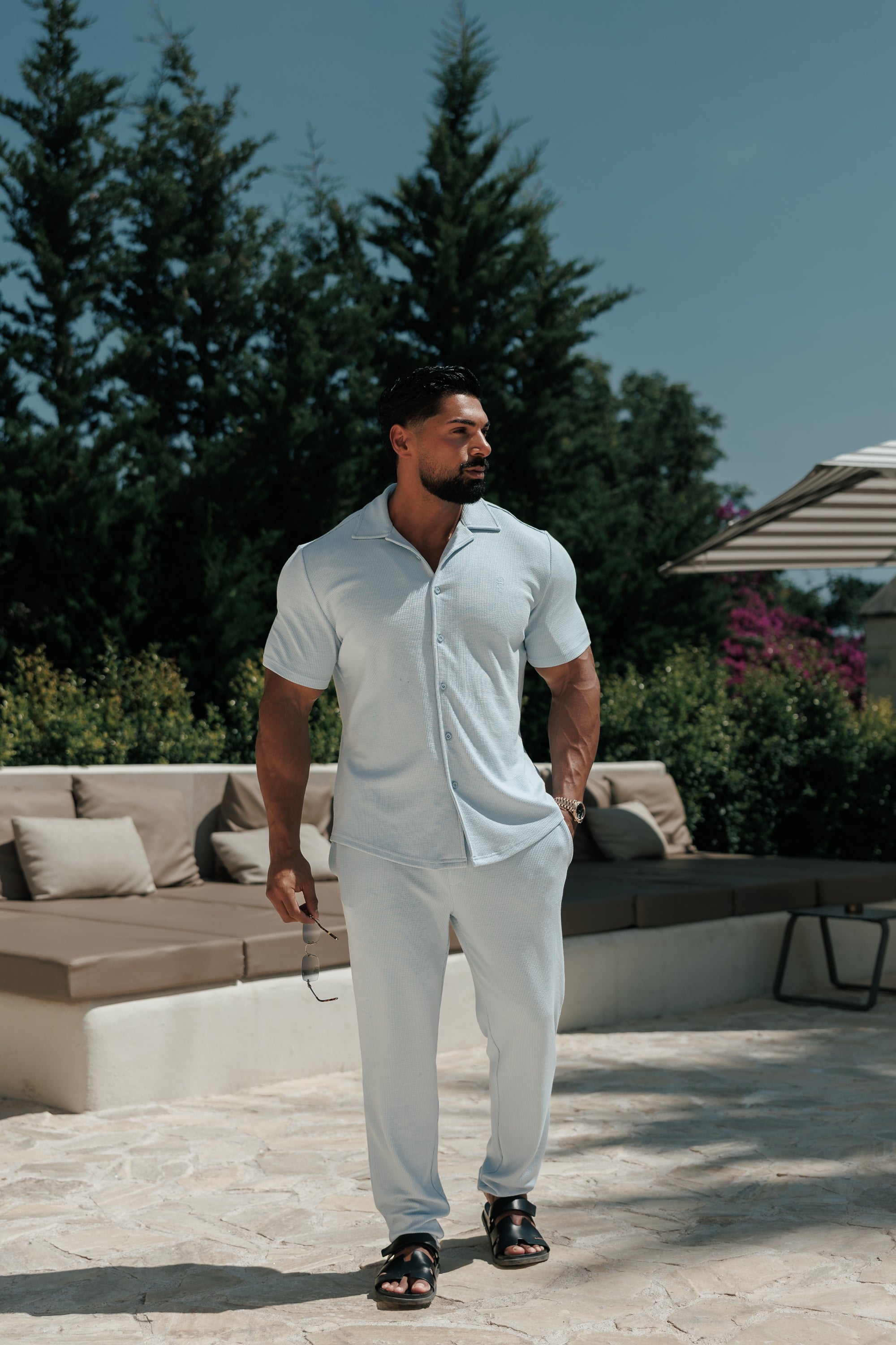 Jersey Cord Stretch Light Blue Revere Shirt Short Sleeve - FSR074 (PRE ORDER 18TH JULY)