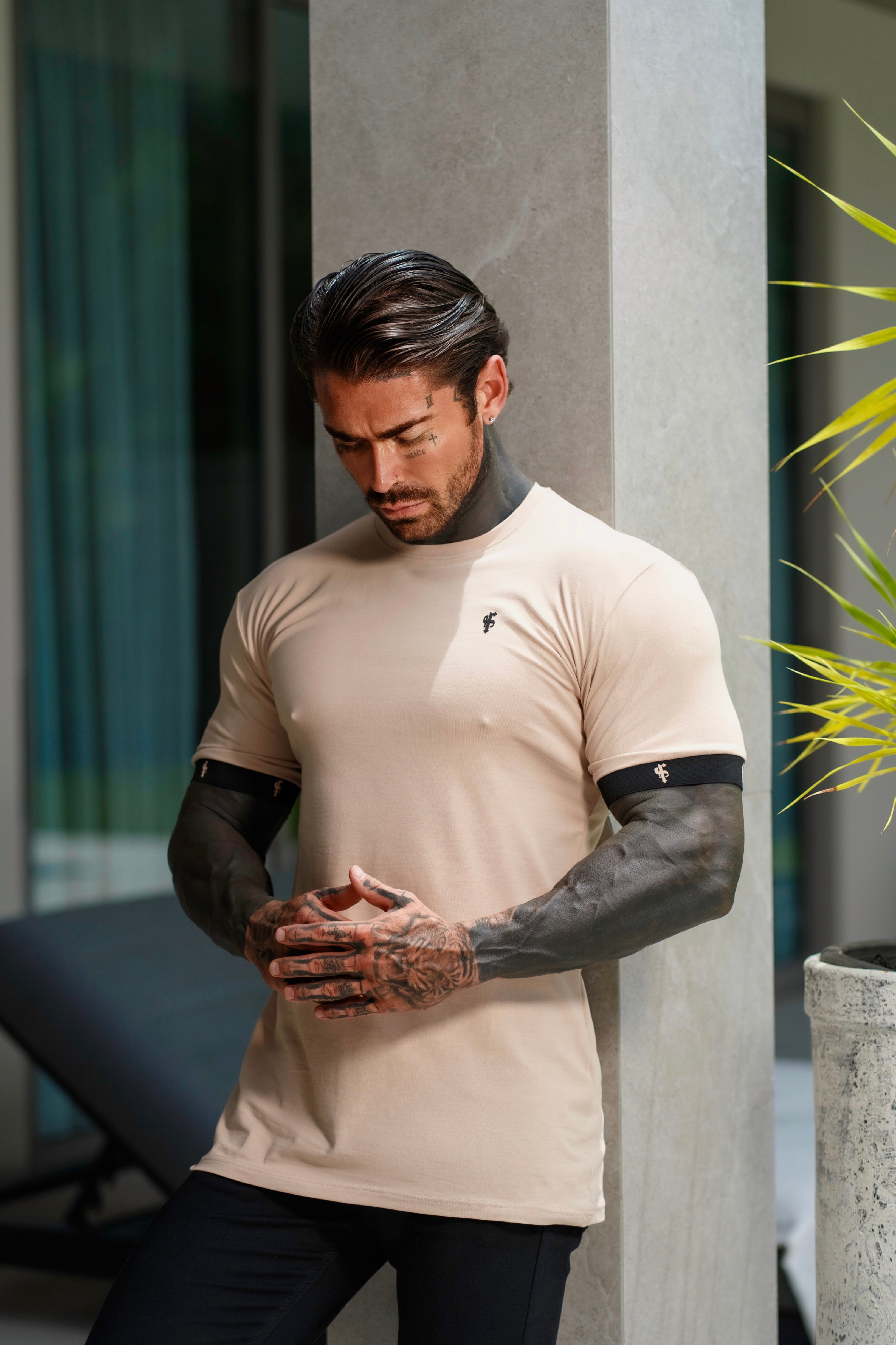 Classic Beige Crew T Shirt with FS Elastic Sleeve Branding - FSH1561