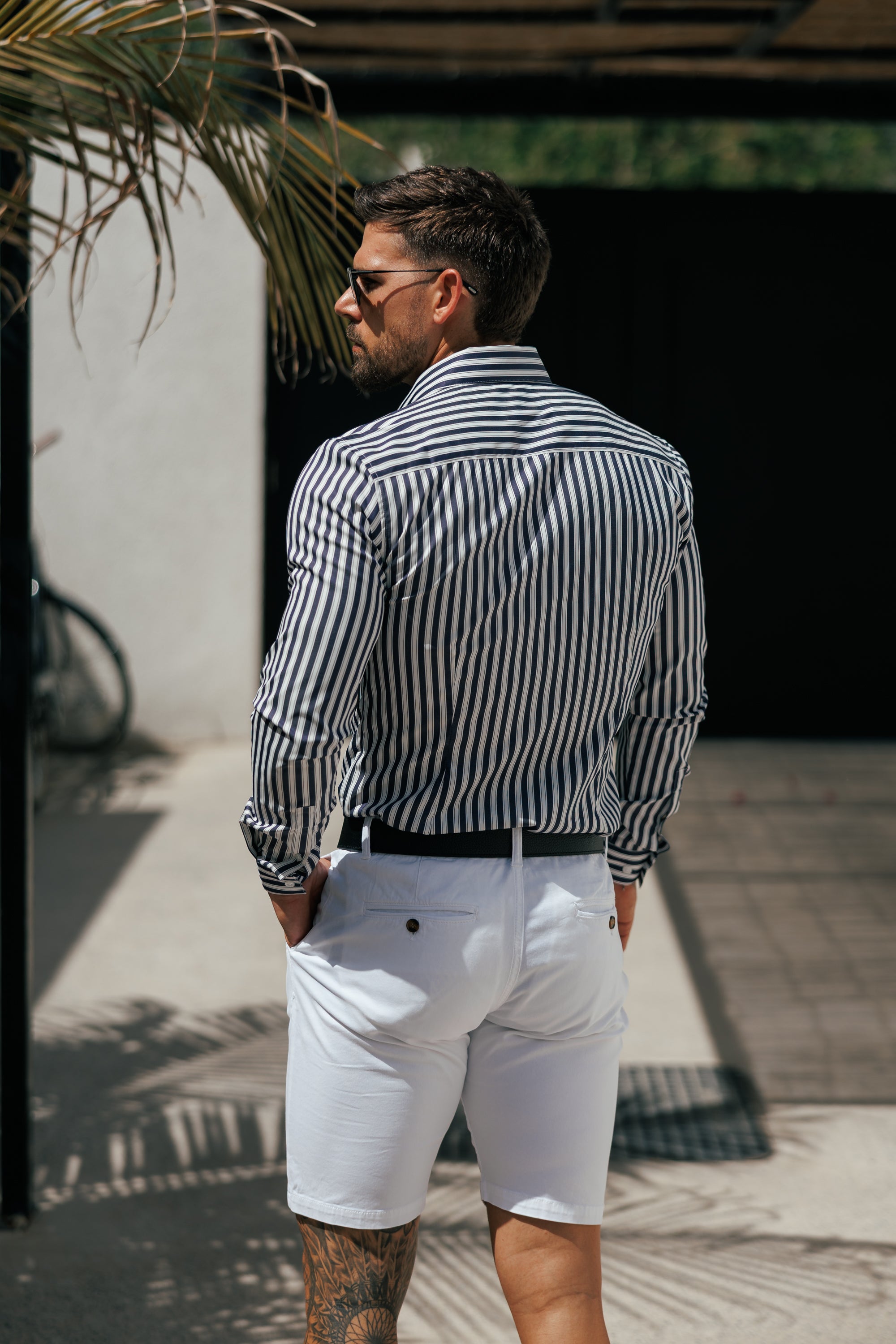 Super Slim Stretch Sateen Touch White / Navy Double Stripe Long Sleeve  -  FS1287 (PRE ORDER 28TH AUGUST)