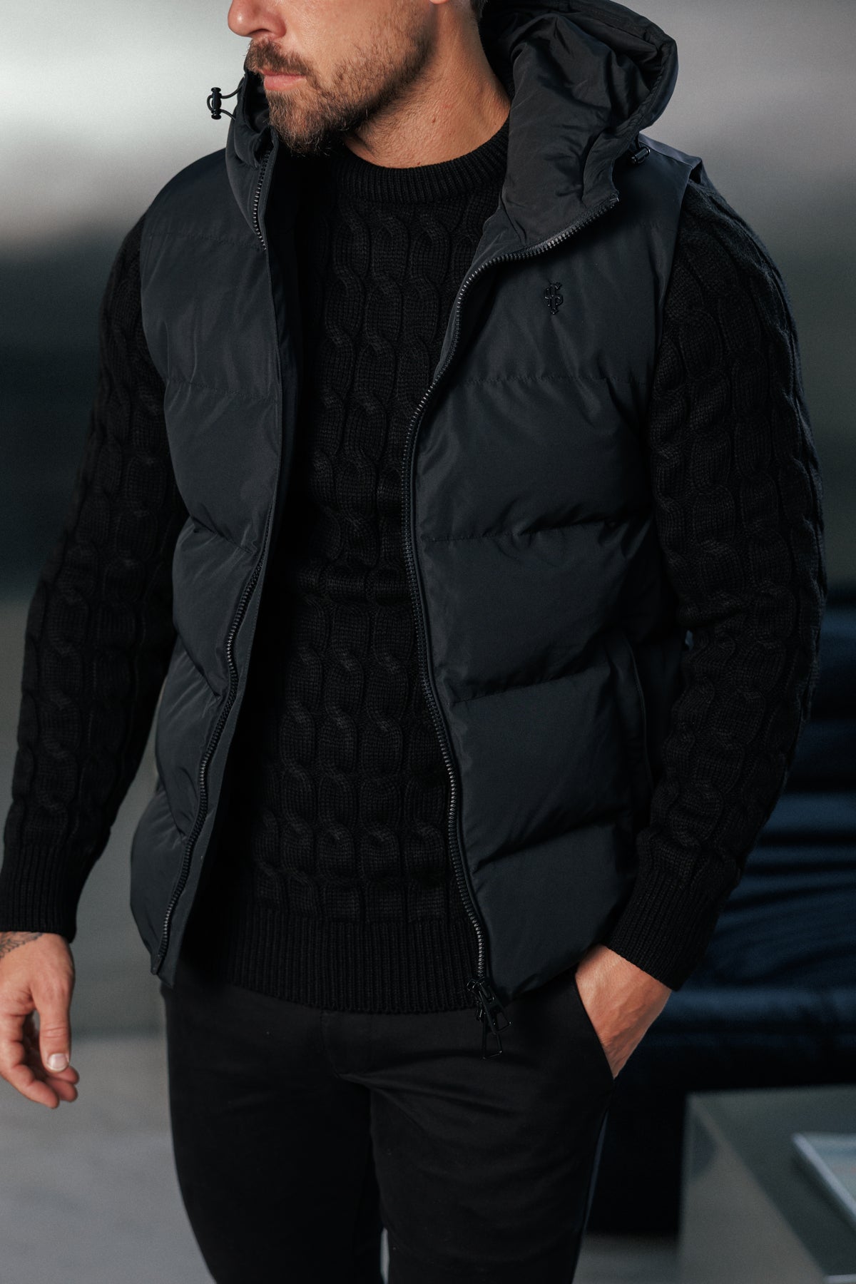 Black Padded Hooded Gilet - FSN235