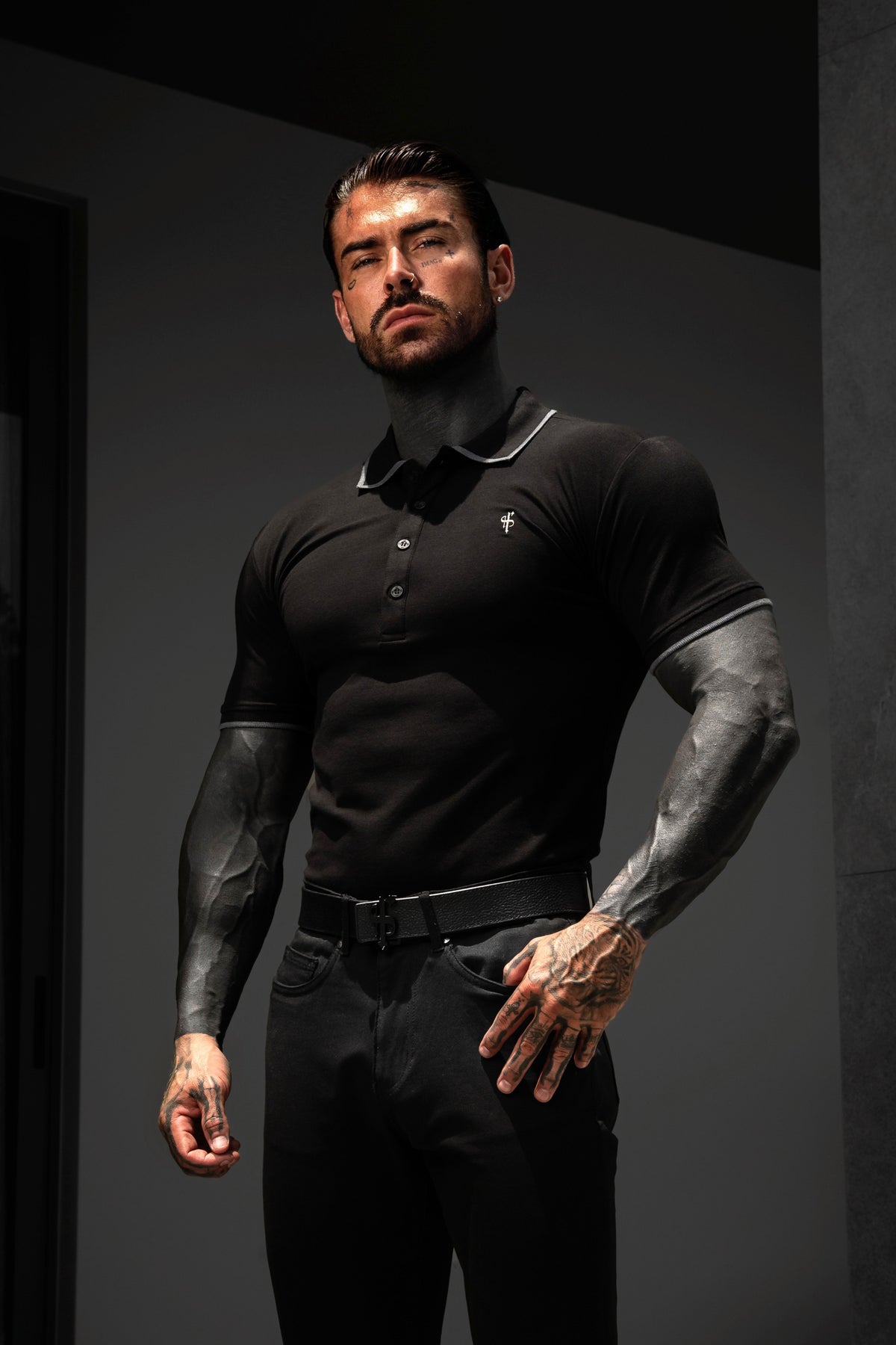 Black / Charcoal Polo Shirt With Contrast Collar and Sleeve - FSH1670