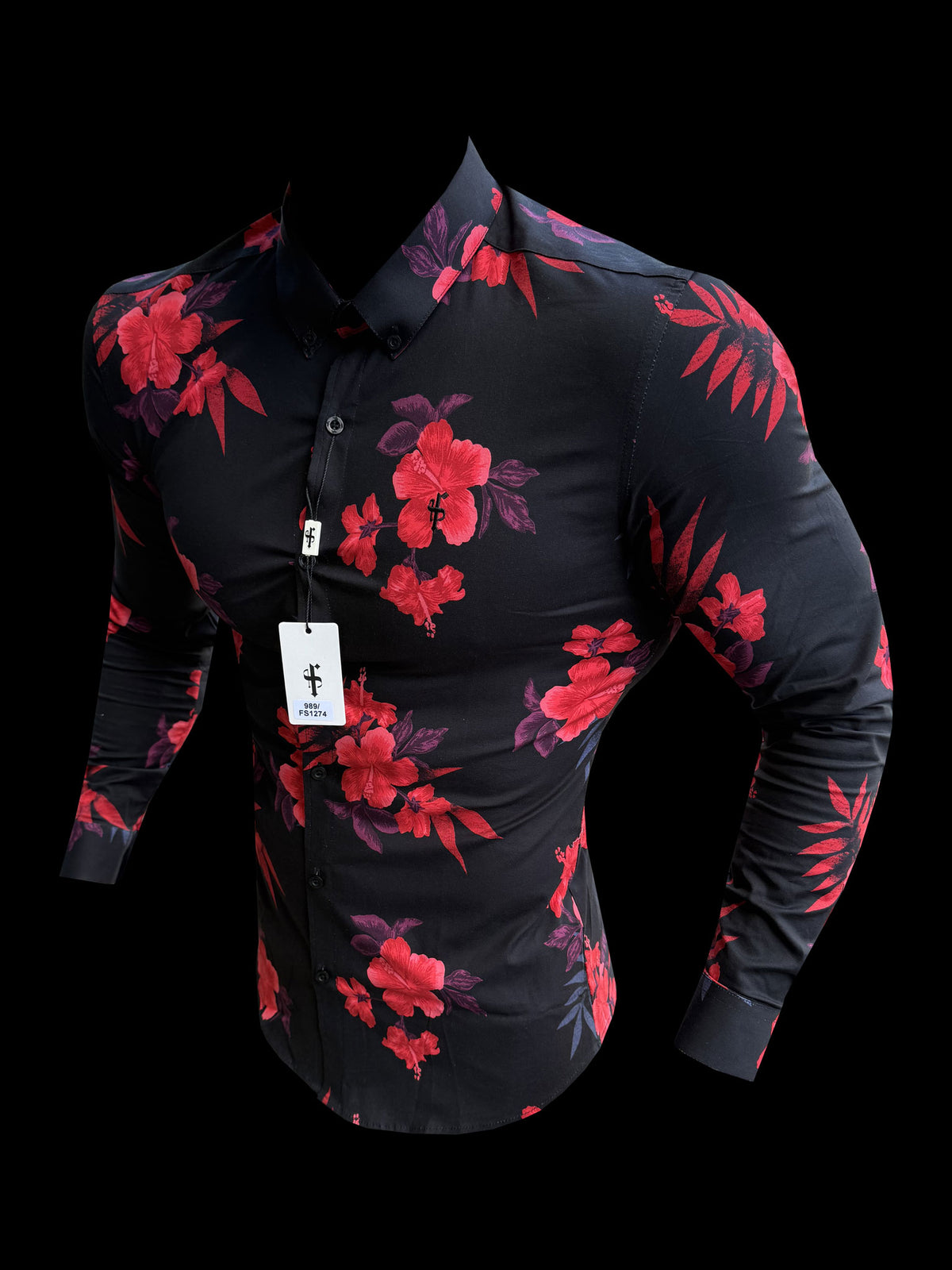 Super Slim Stretch Black and Red Floral Print Long Sleeve with Button Down Collar - FS1274