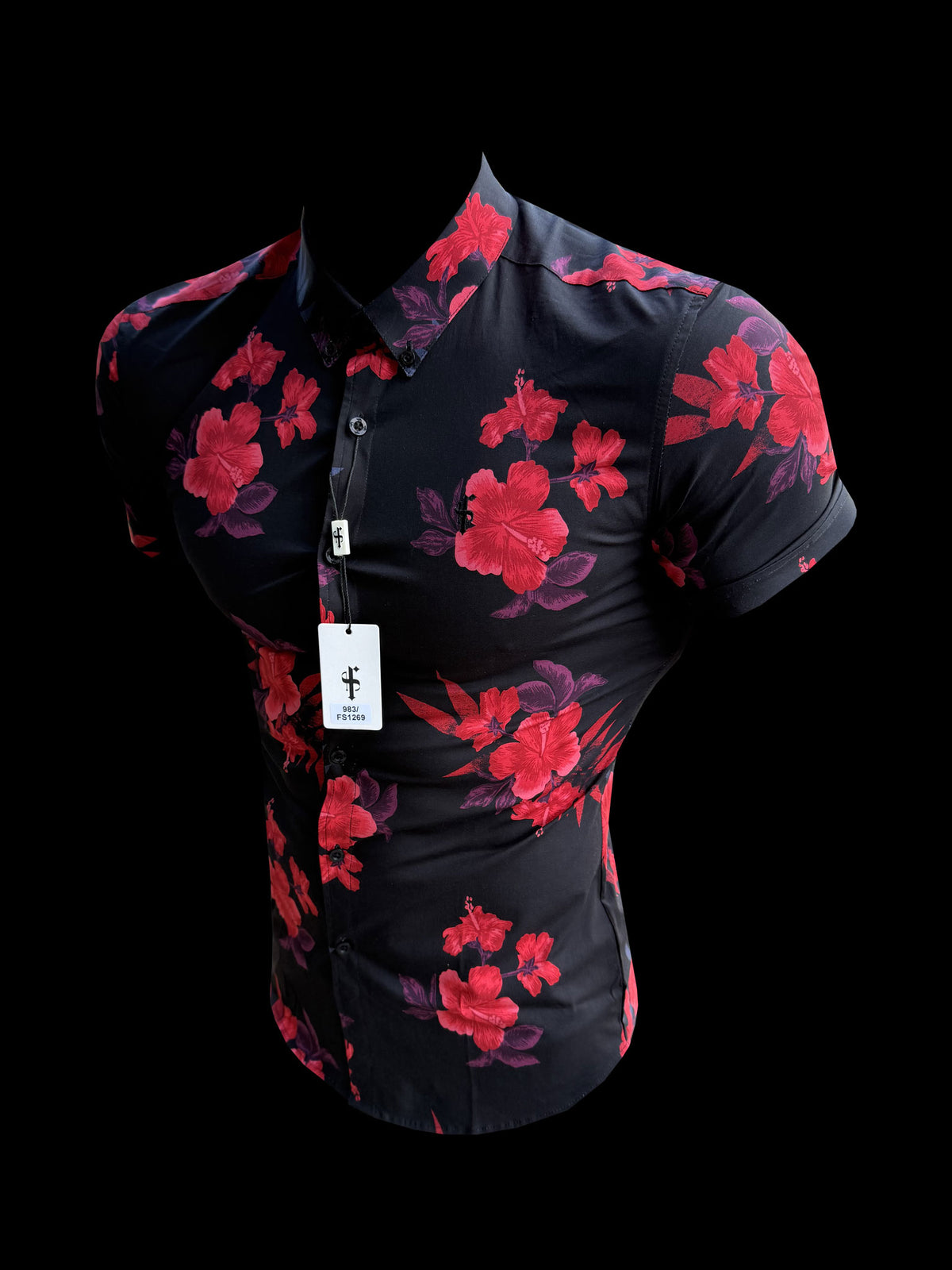 Super Slim Stretch Black and Red Floral Print Short Sleeve with Button Down Collar - FS1269
