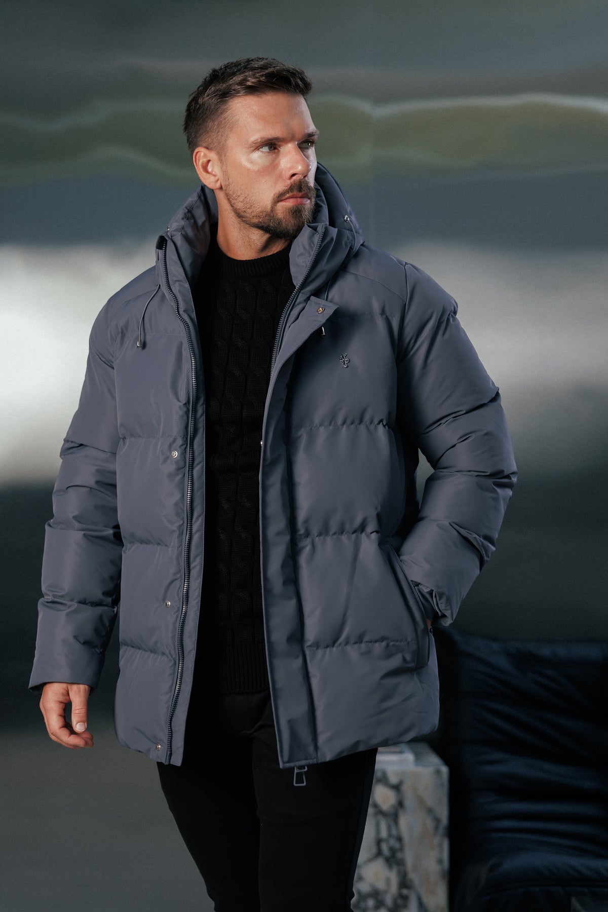 Gunmetal Padded Coat with Hood - FSN237 (PRE ORDER 24TH OCTOBER)