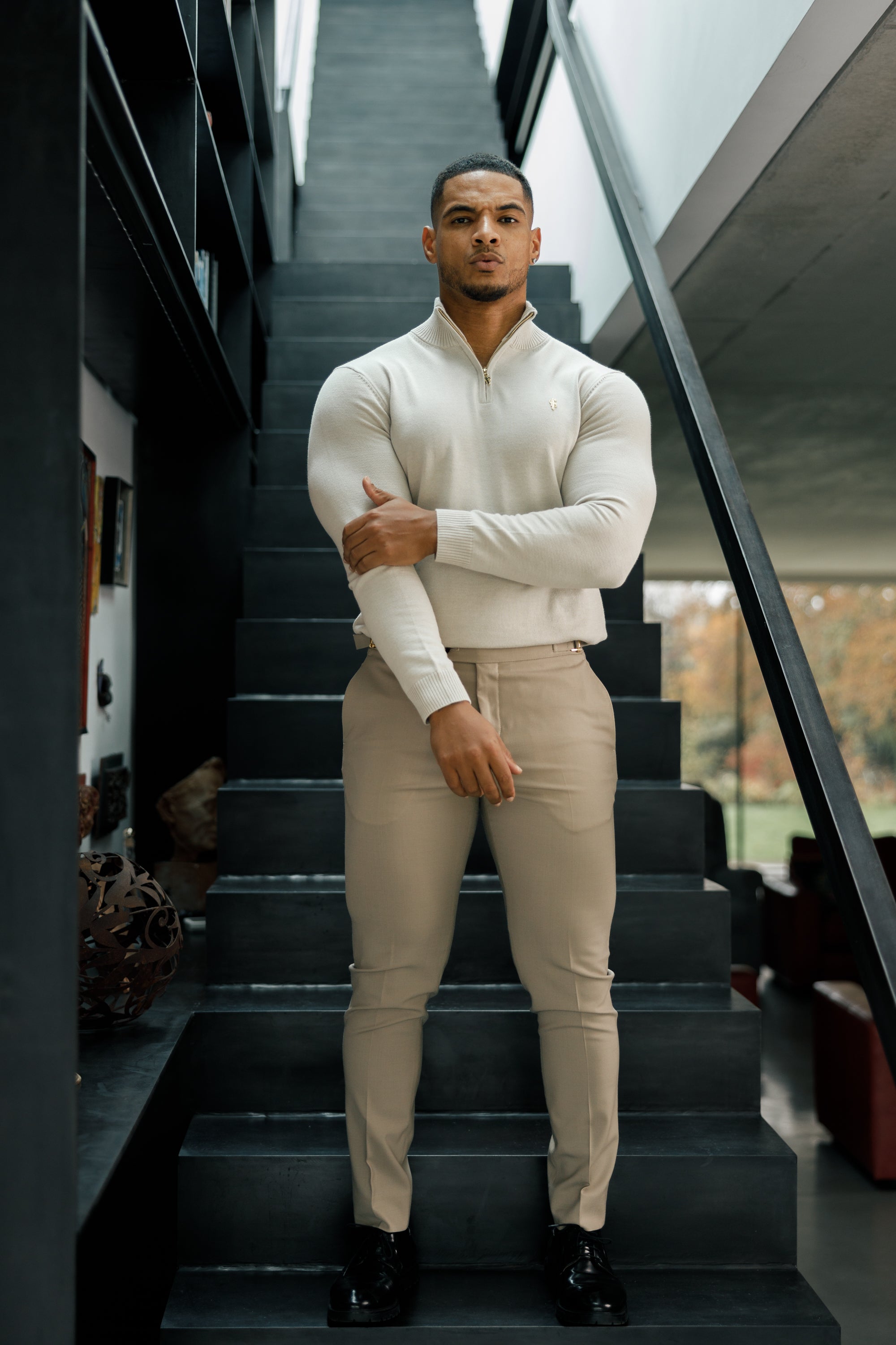 Slim Formal Beige Stretch Trousers With Gold Waist Adjusters - FST017