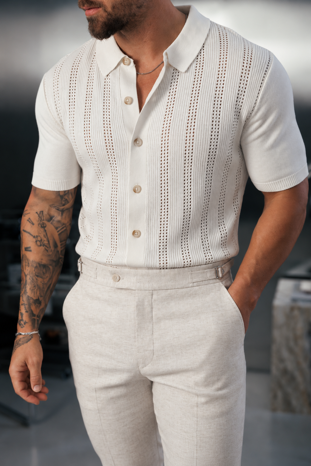 Black Stripe Perforated Shirt Short Sleeve - FSA019