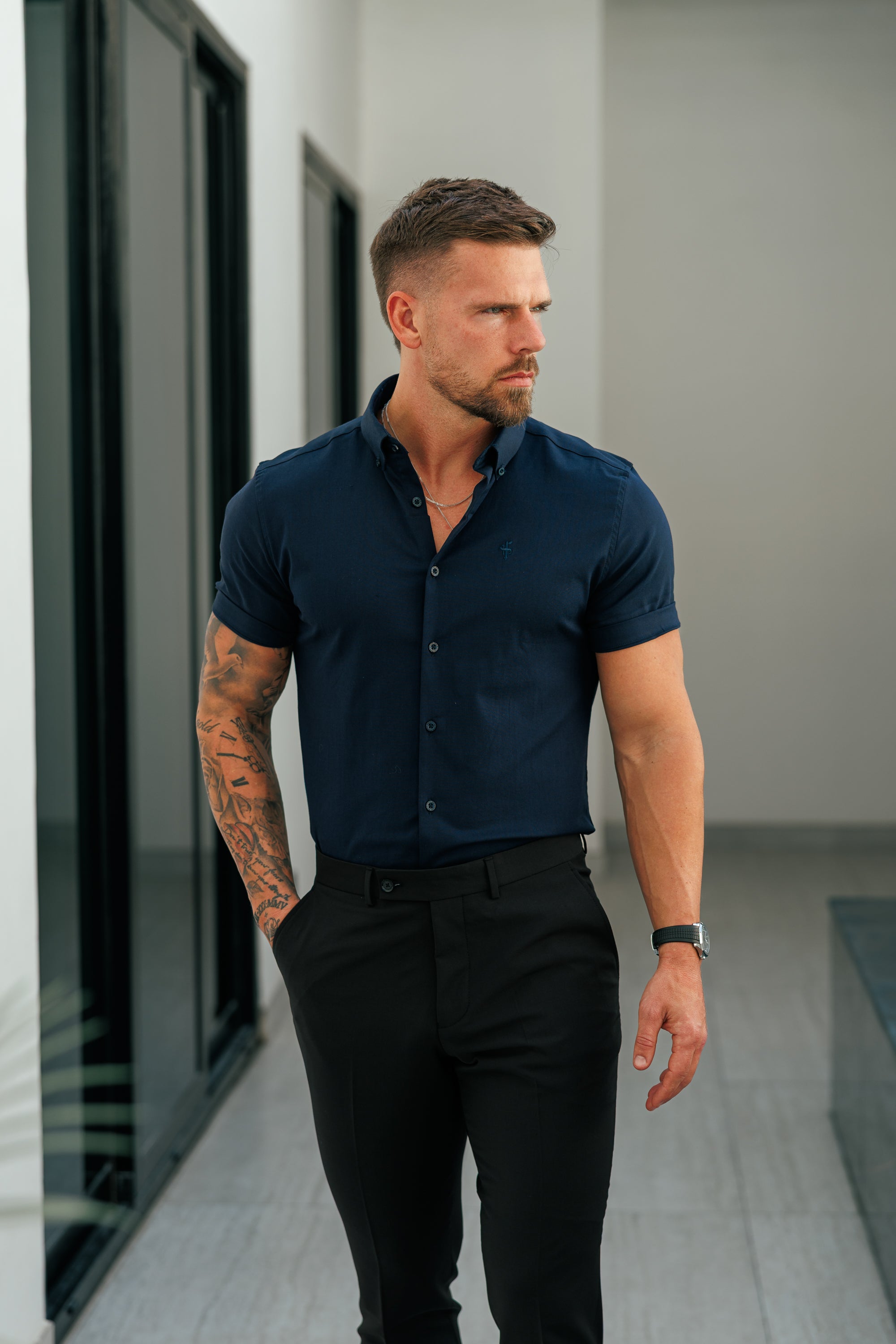 Classic Stretch Oxford Short Sleeve Navy with Button Down Collar - FS1231