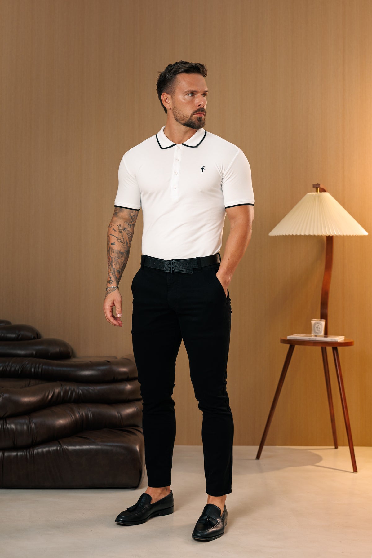 White / Black Polo Shirt With Contrast Collar and Sleeve - FSH1671