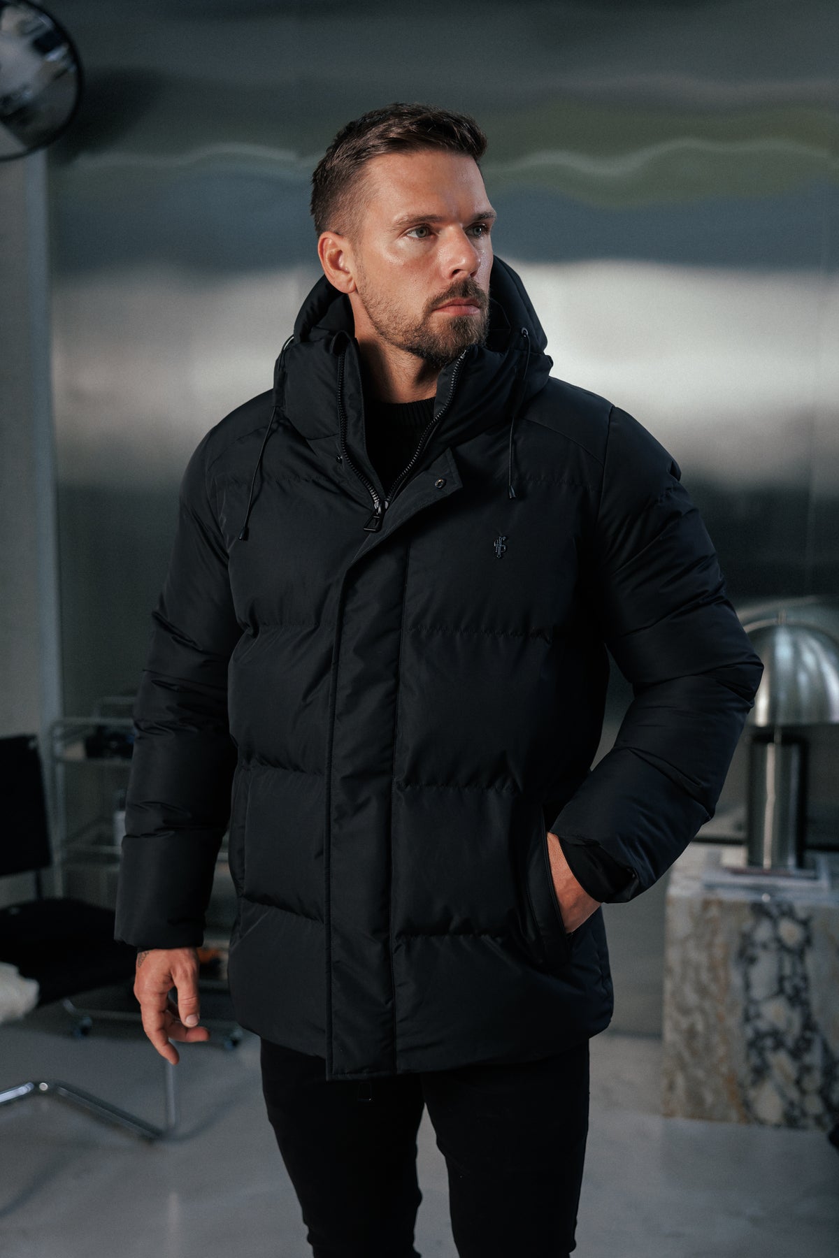 Black Padded Coat with Hood - FSN234E (PRE ORDER 24TH OCTOBER)