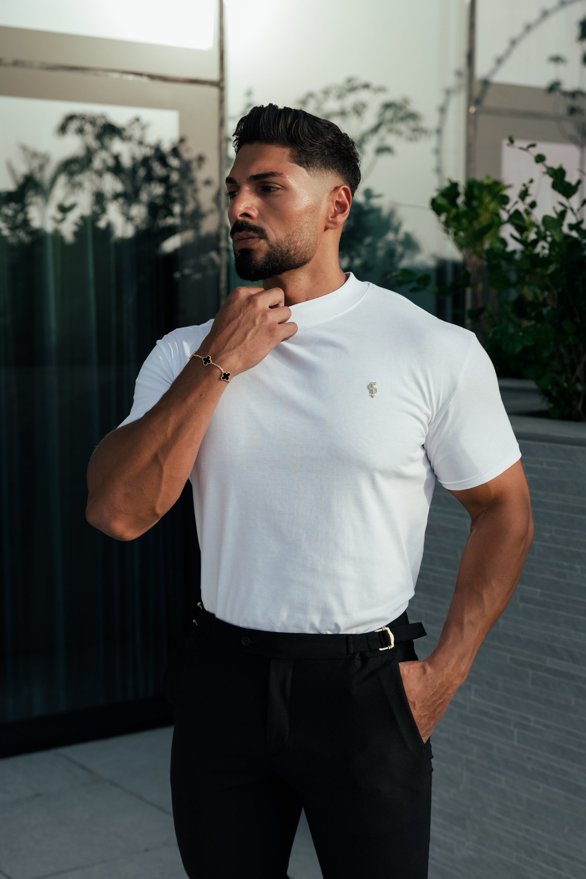 Ribbed High Neck Crew Short Sleeve White / Gold  - FSH1006