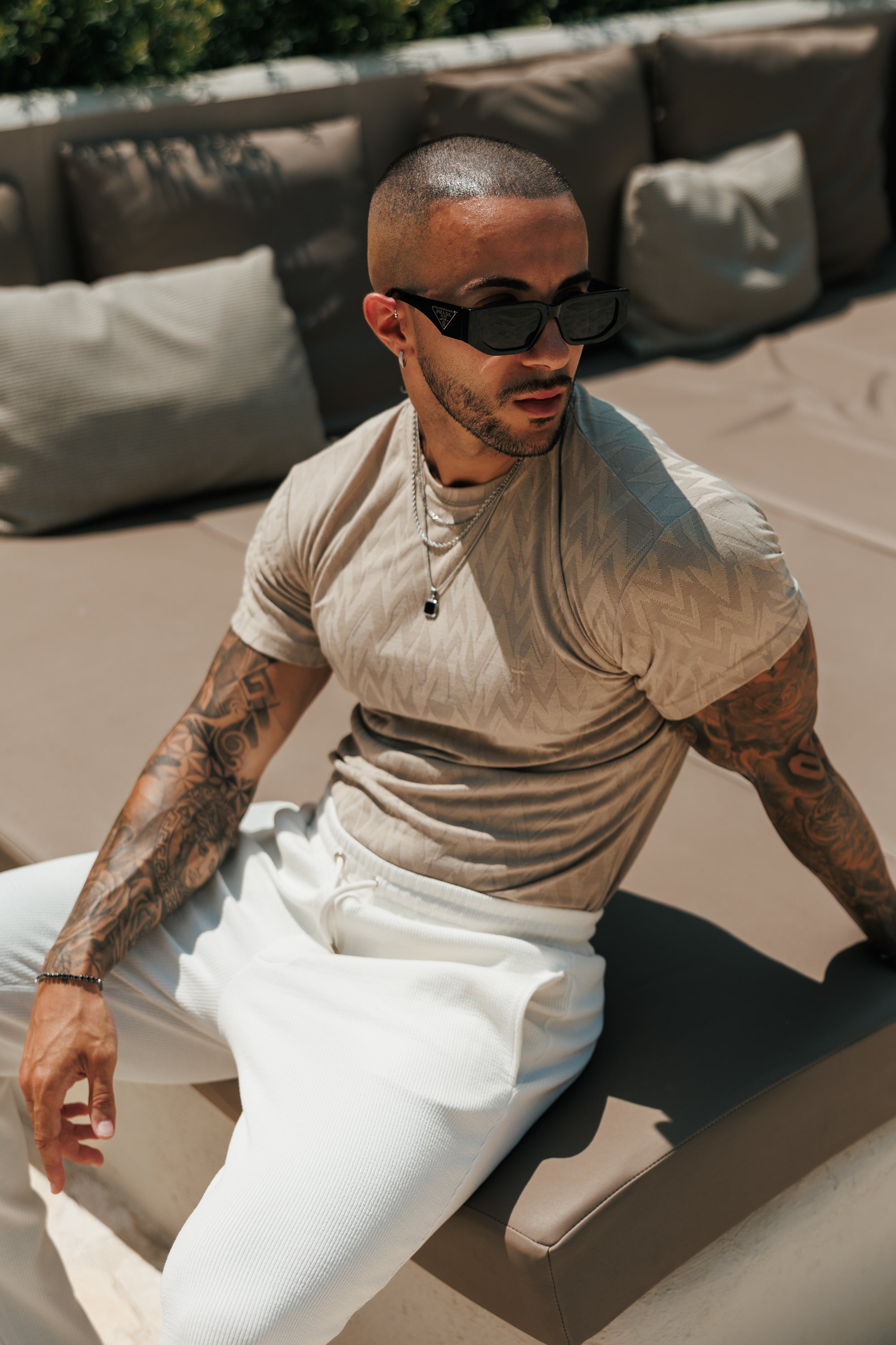 Regular Fit Jacquard Light Beige Chevron T-Shirt - FSR067
