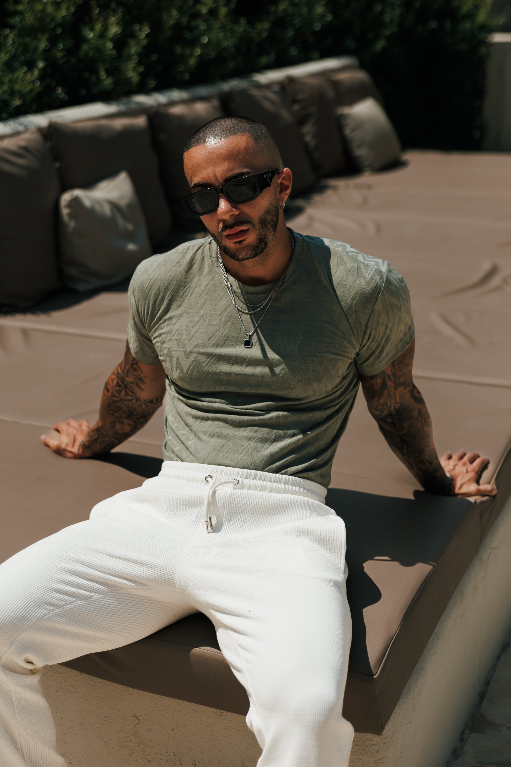 Regular Fit Jacquard Olive Chevron T-Shirt - FSR065
