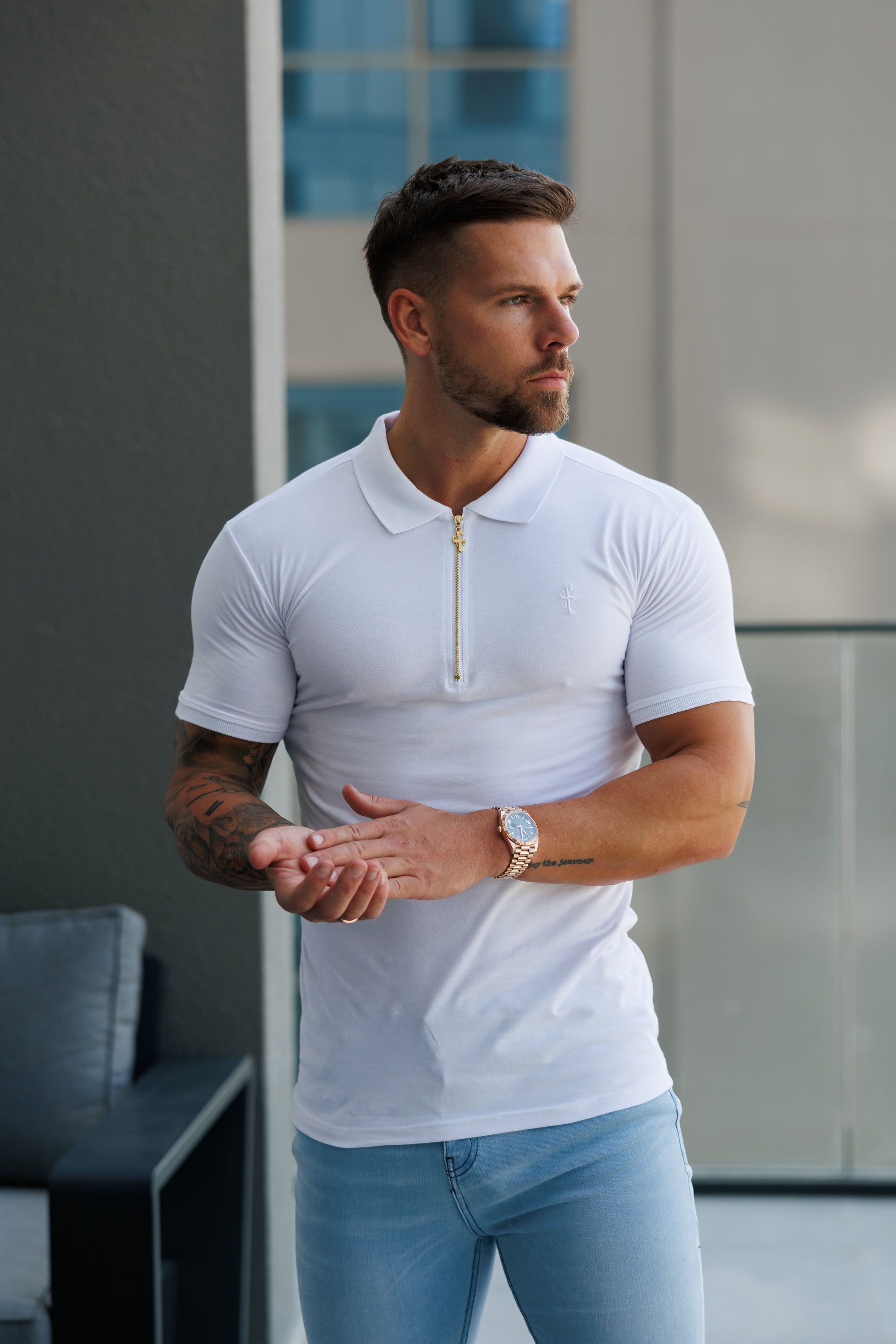 Classic White and Gold Zipped Polo Shirt - FSH1521