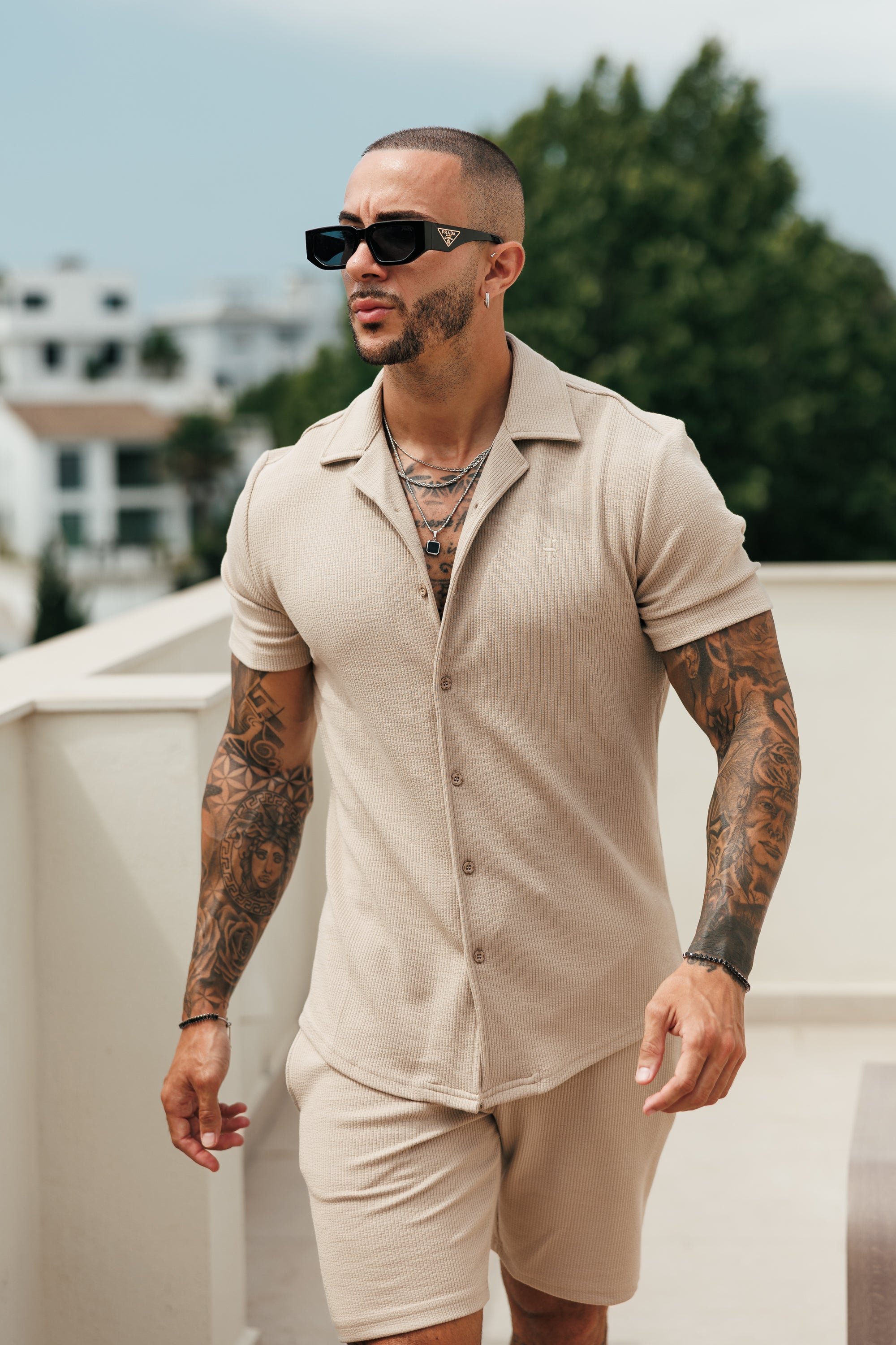 Jersey Cord Stretch Beige Revere Shirt Short Sleeve - FSR073