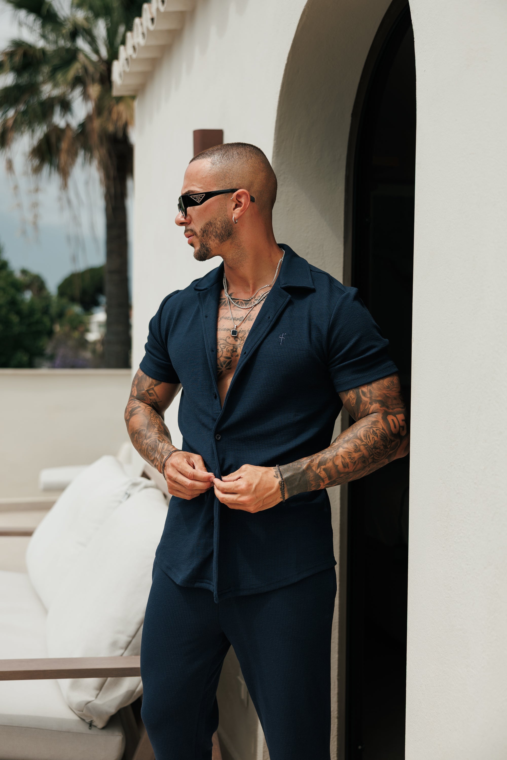 Jersey Cord Stretch Navy Revere Shirt Short Sleeve - FSR071 (PRE ORDER 18TH JULY)
