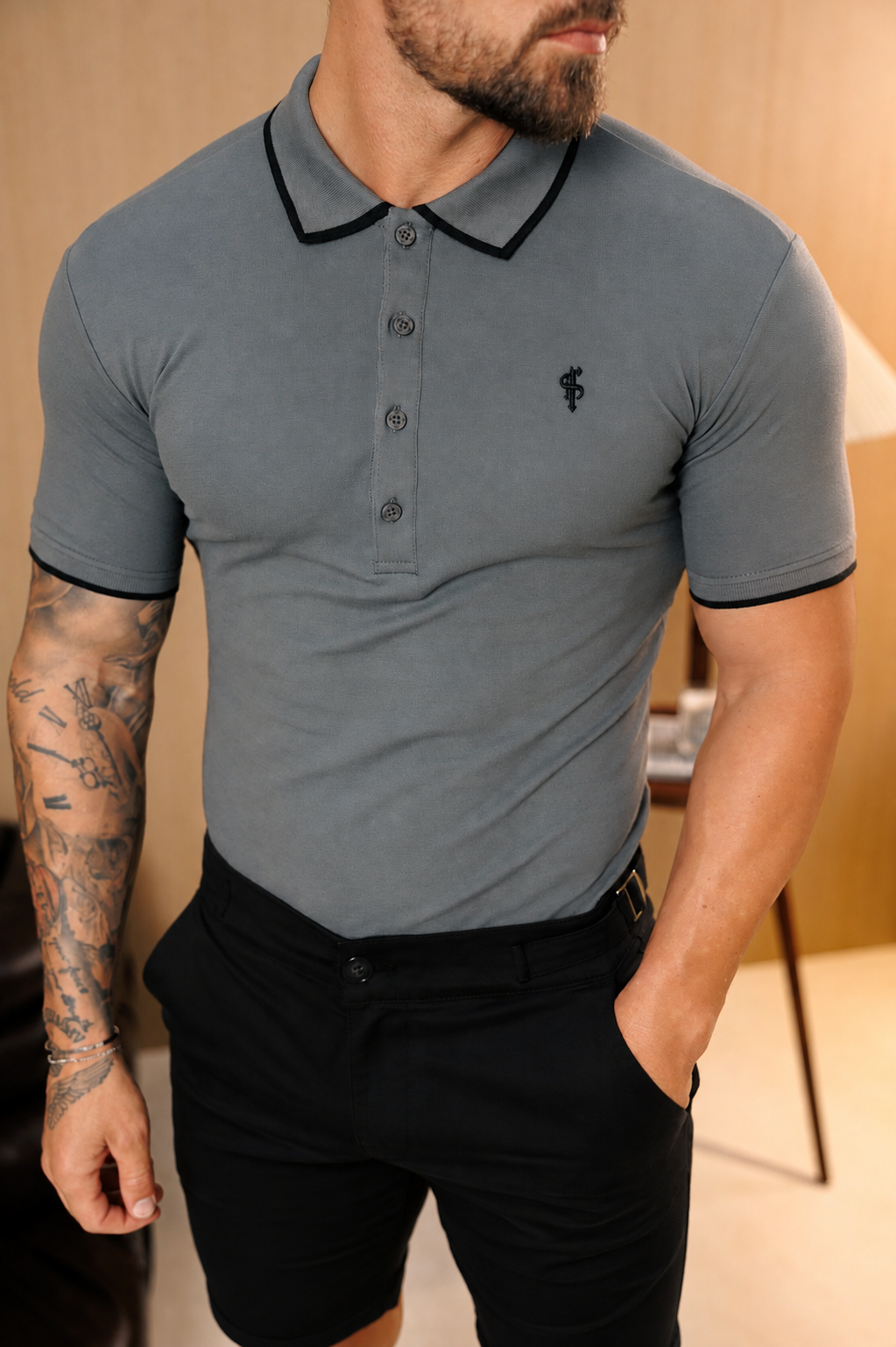 Charcoal / Black Polo Shirt With Contrast Collar and Sleeve - FSH1675