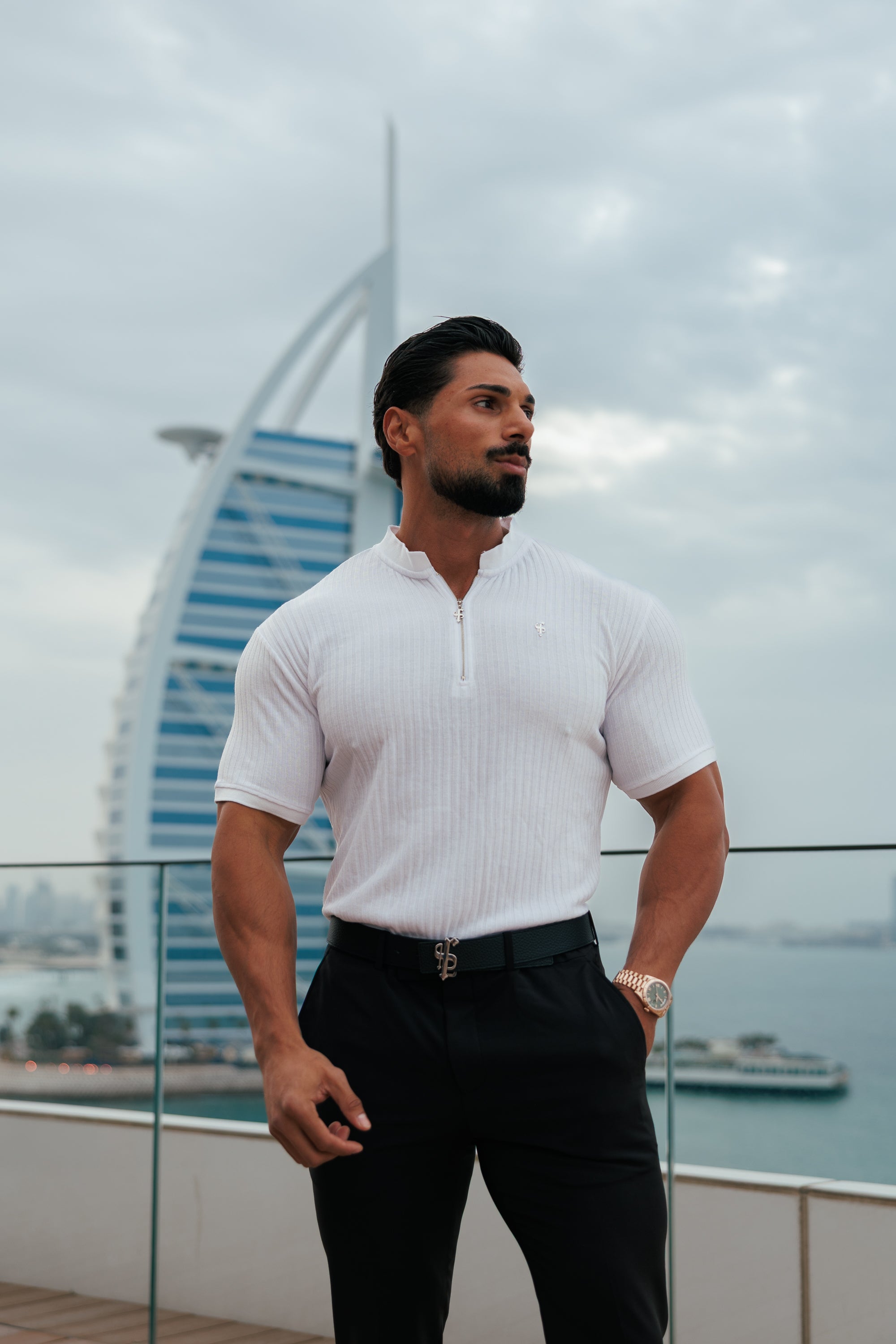 Classic White / Silver  Ribbed Zip Grandad Collar Shirt Short Sleeve - FSH1447