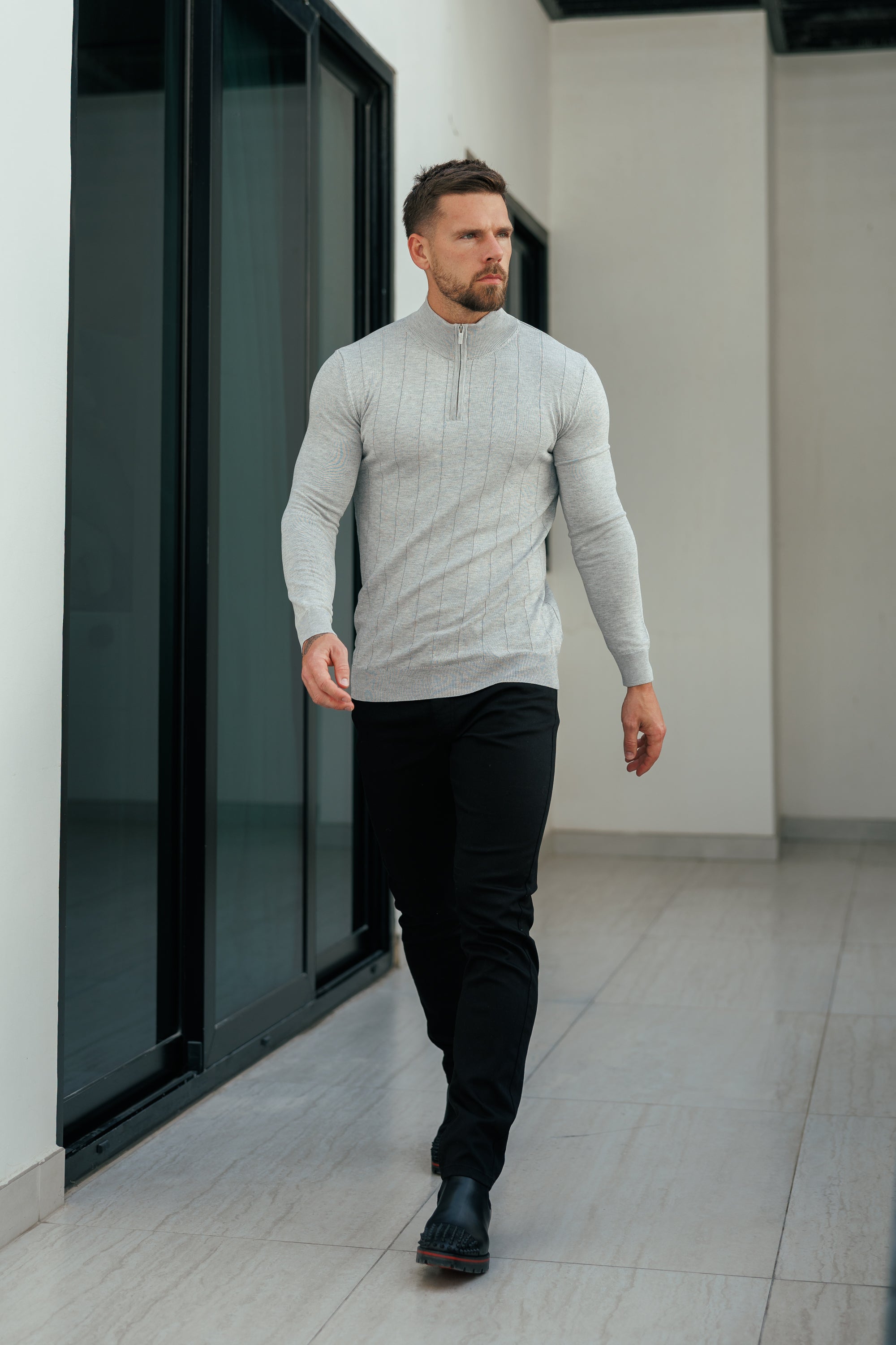Self Stripe 1/4 Zip Funnel Neck Knit Jumper Silver Grey Long Sleeve  -  FSR051