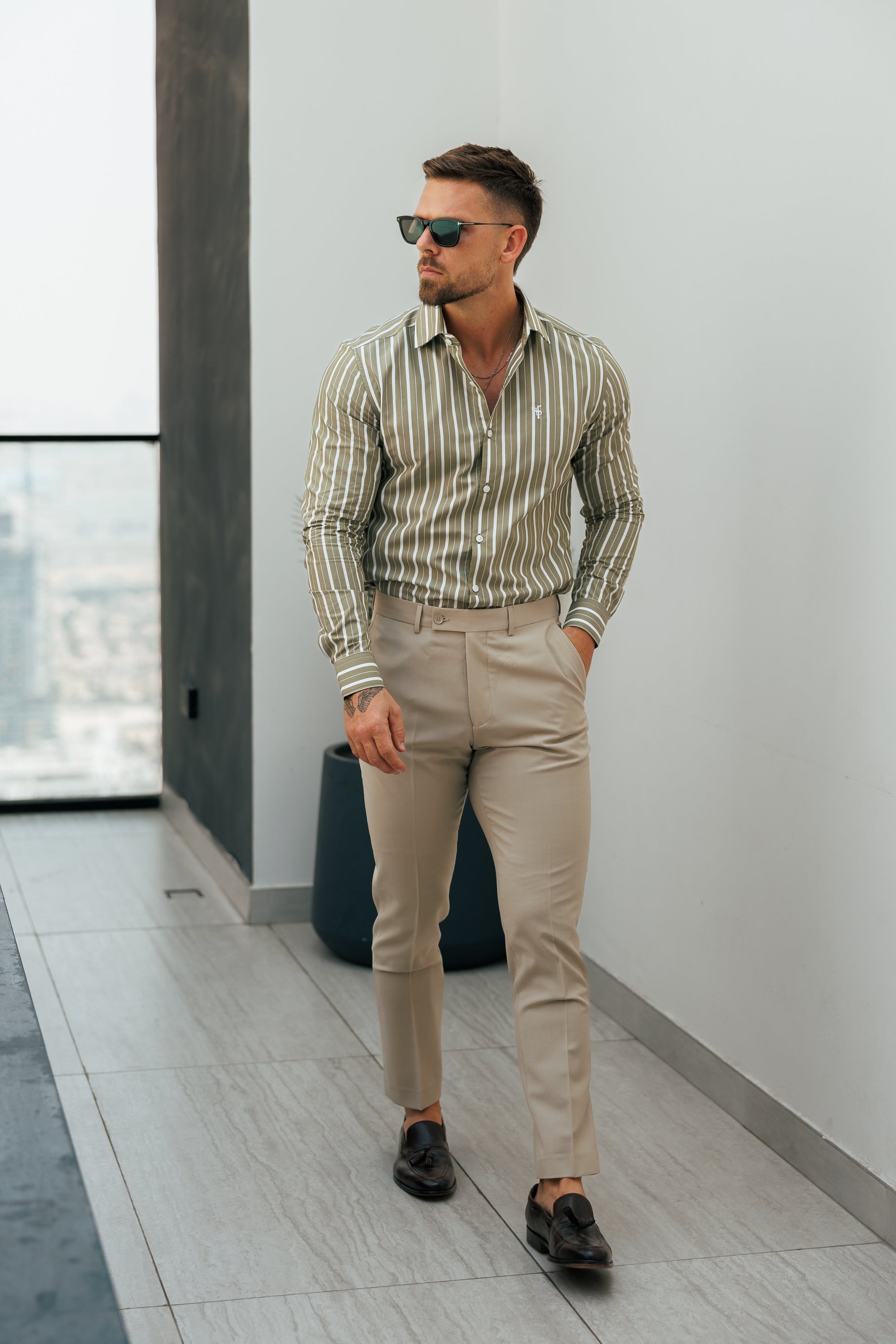 Classic Sage Green / White Stripe Long Sleeve with Cutaway Collar - FS1176
