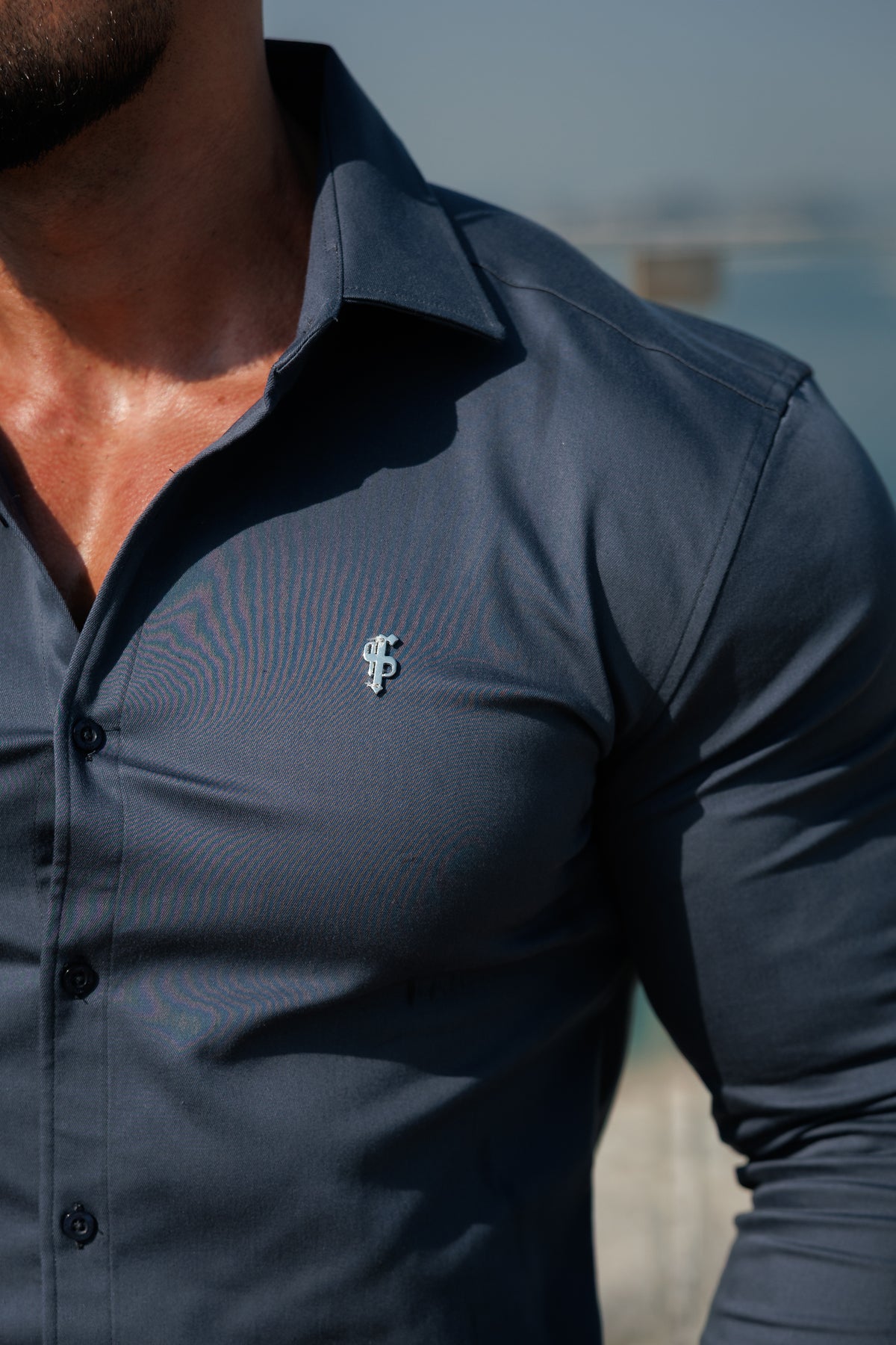 Super Slim Stretch Gunpowder Denim Long Sleeve with Silver Metal Decal and Cutaway Collar - FS1315