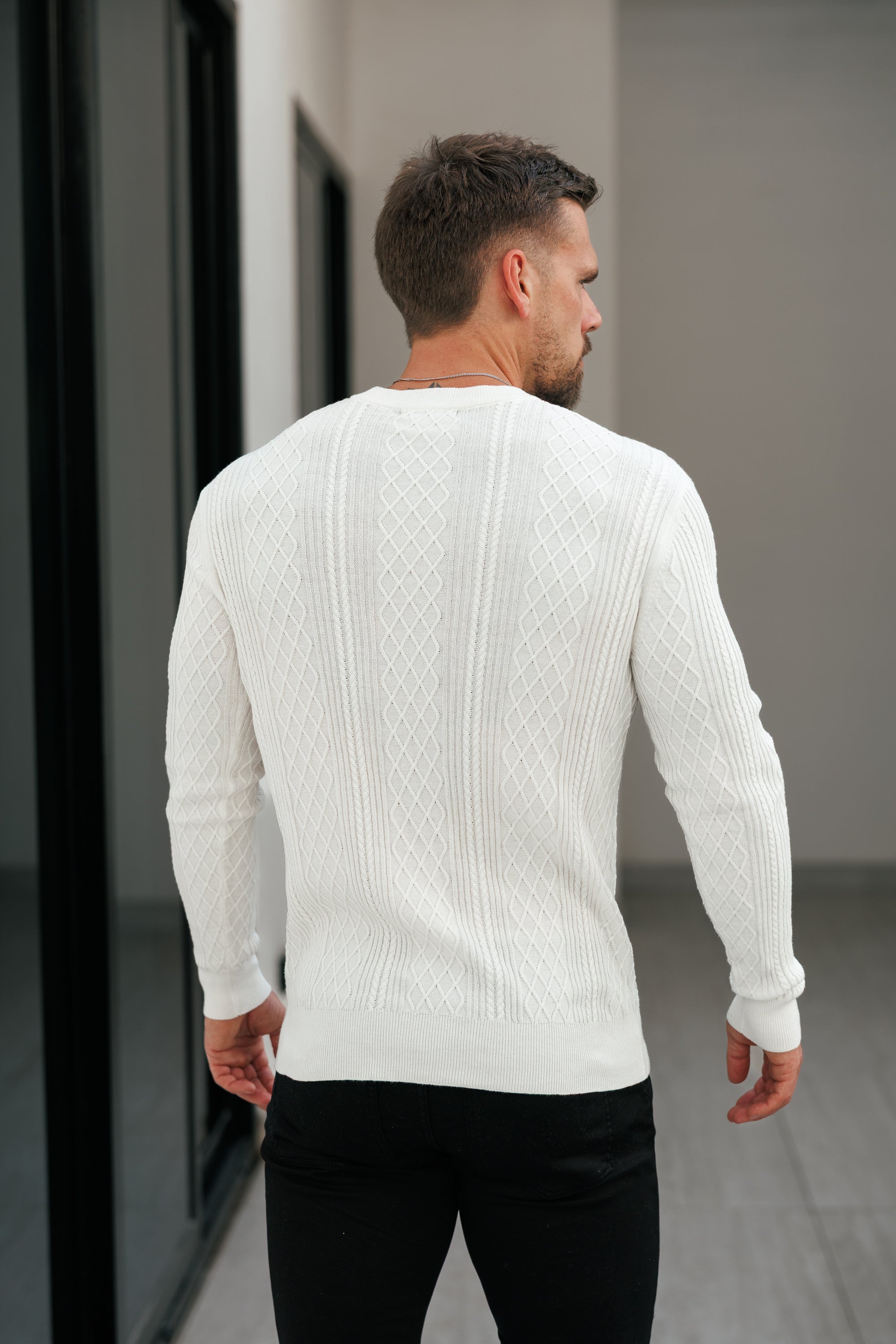 Fine Knit Diamond Off White Jumper Long Sleeve  -  FSA005