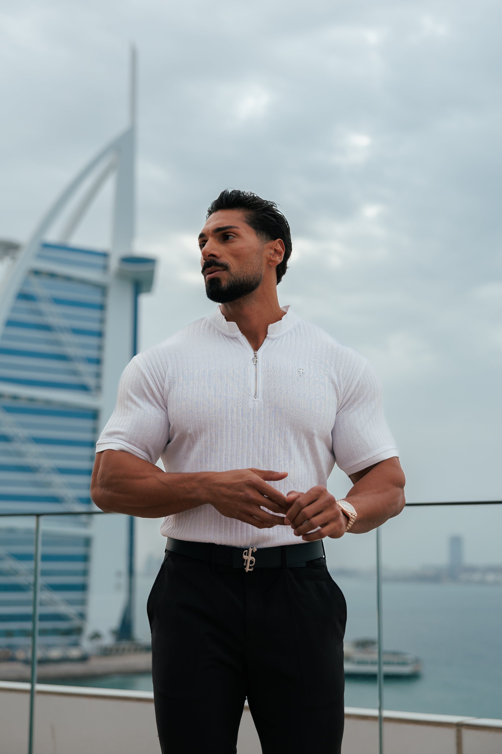 Classic White / Silver  Ribbed Zip Grandad Collar Shirt Short Sleeve - FSH1447