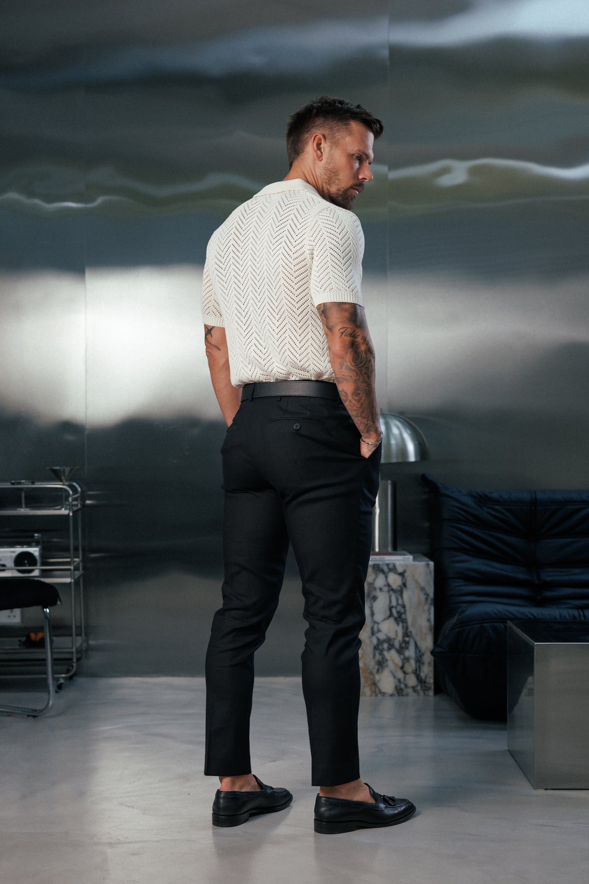 Cream Chevron Perforated Shirt Short Sleeve - FSA015