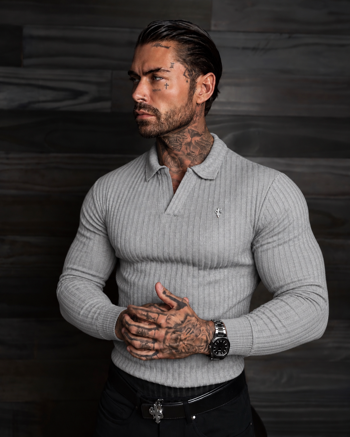 Light Grey / Silver Ribbed Revere Polo Shirt Long Sleeve - FSH1460