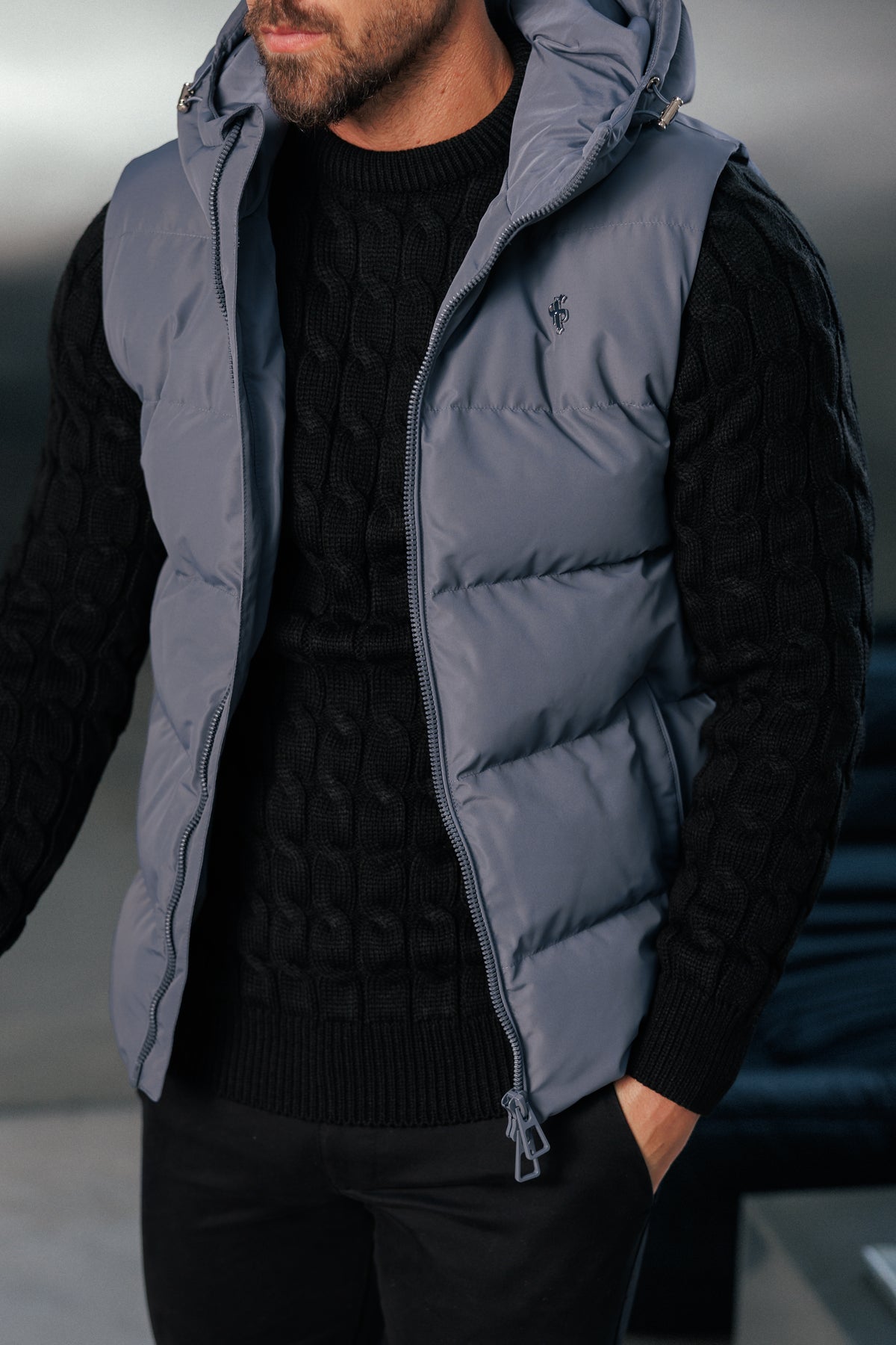 Charcoal Padded Hooded Gilet - FSN241 (PRE ORDER 24TH OCTOBER)