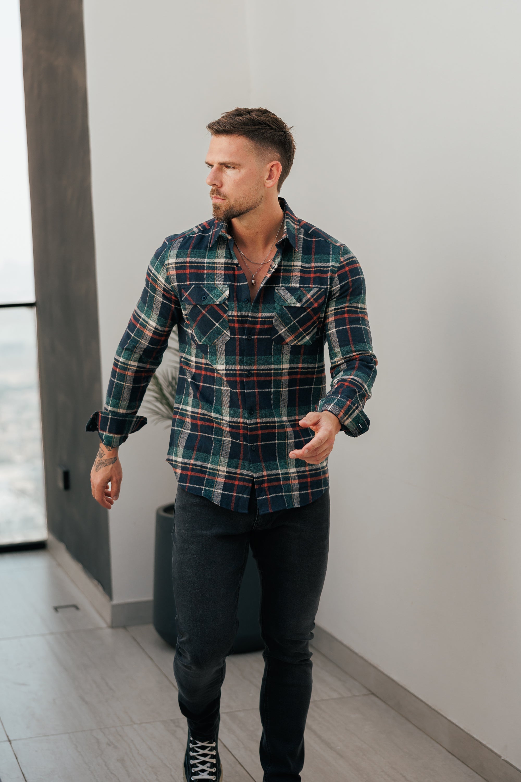 Navy / Green / Rust Check Shacket With Double Pockets - FS1198
