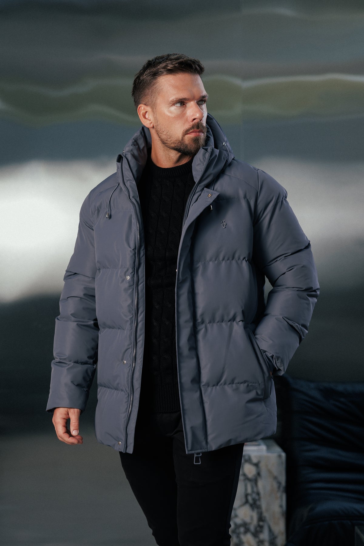 Gunmetal Padded Coat with Hood - FSN237 (PRE ORDER 24TH OCTOBER)