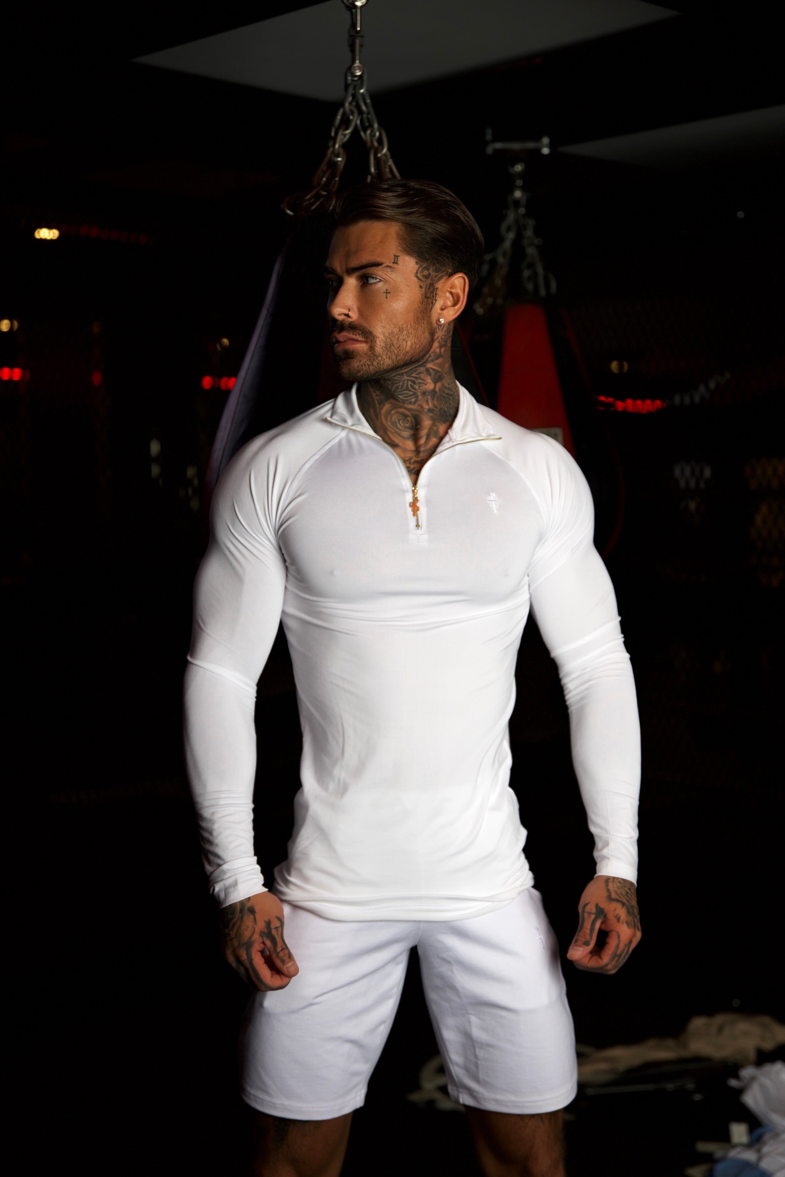 Muscle Fit Long Sleeve White / Gold Half Zip Gym Top - FSH889