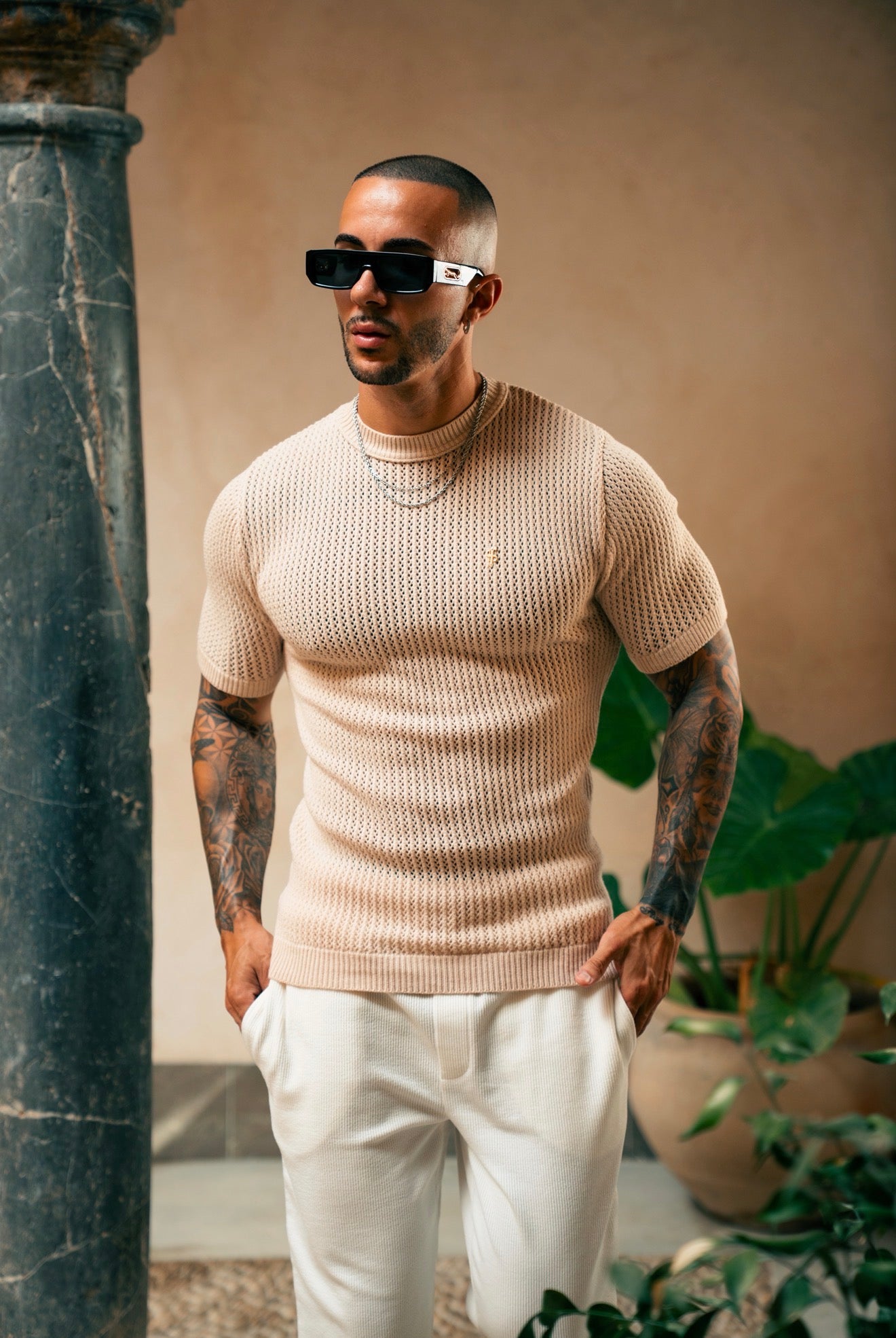 Beige Viscose Plain Knitted Short Sleeve T-Shirt - FSJ186 (PRE ORDER 12TH AUGUST)