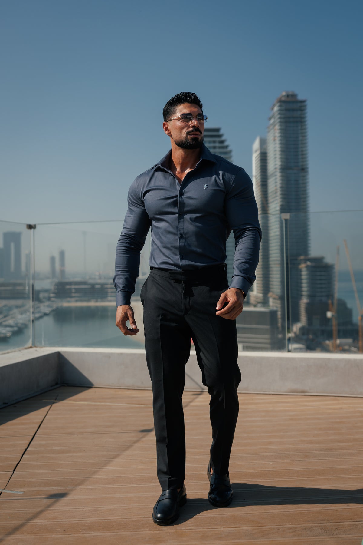 Super Slim Stretch Gunpowder Denim Long Sleeve with Silver Metal Decal and Cutaway Collar - FS1315