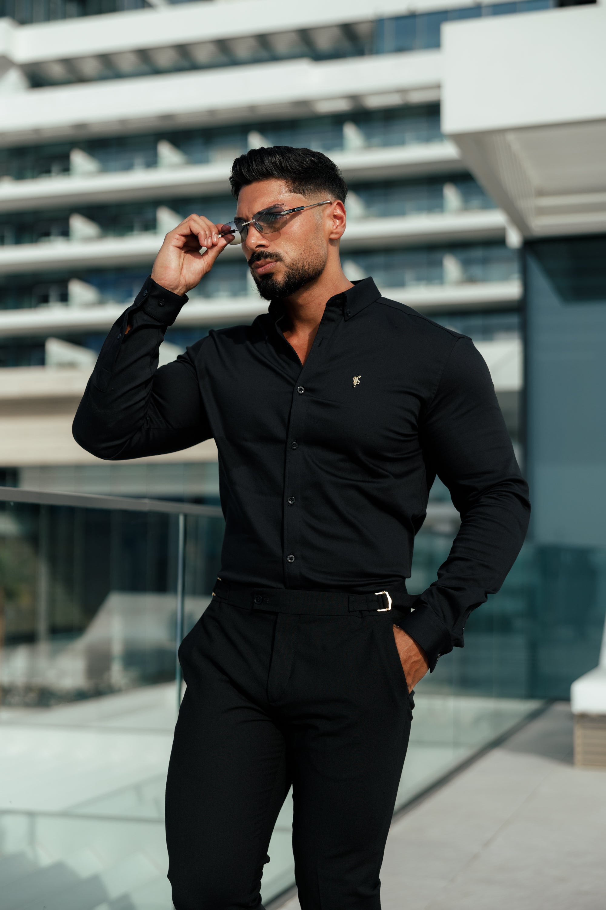 Slim Formal Black Stretch Trousers With Gold Waist Adjusters - FST018