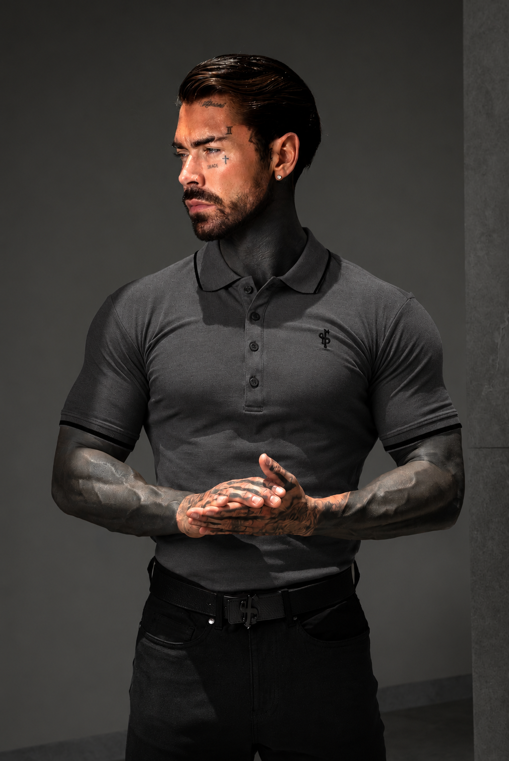 Charcoal / Black Polo Shirt With Contrast Collar and Sleeve - FSH1675