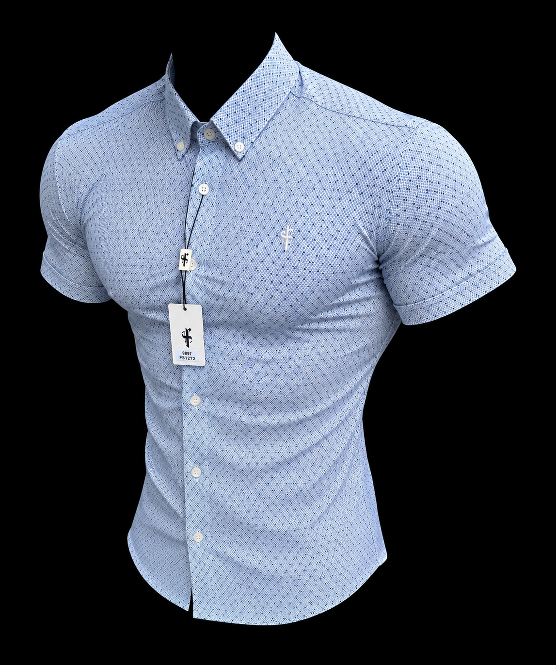 Ultra Stretch Grey / Blue Ditsy Abstract Shirt Short Sleeve with Button Down Collar - FS1272