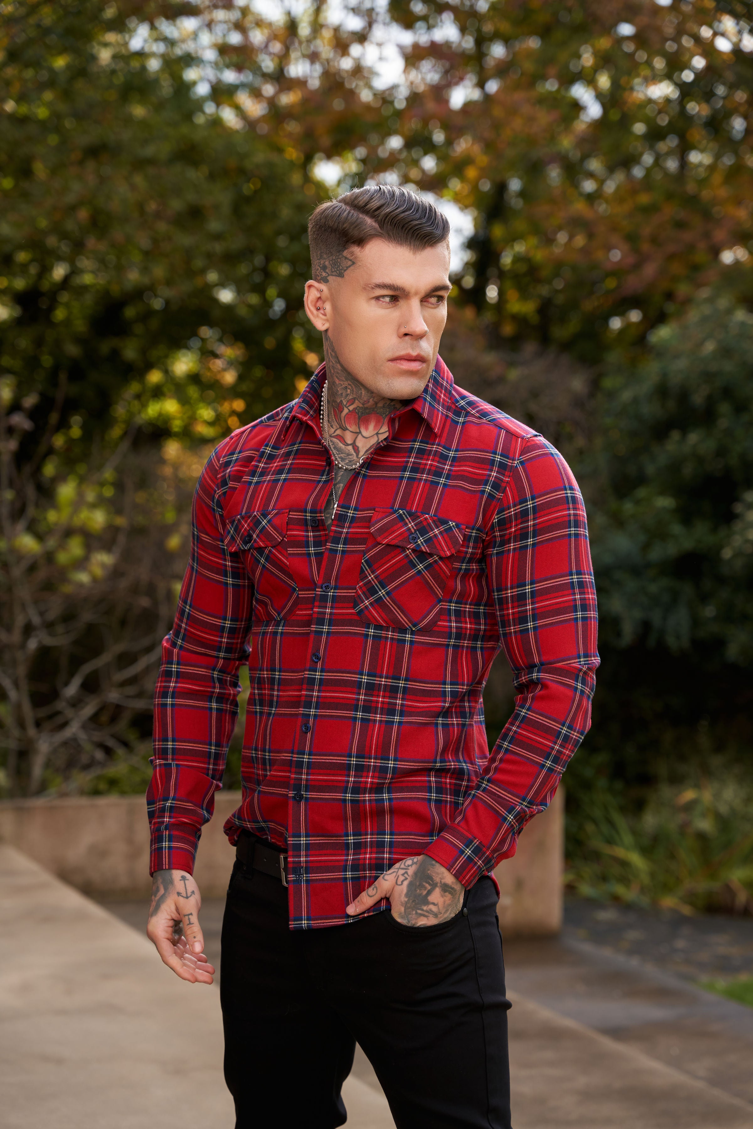 Red Tartan Check Shacket With Double Pockets - FS1036