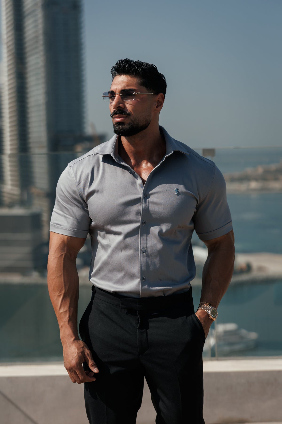 Super Slim Stretch Mid Grey Denim Short Sleeve with Silver Metal Decal and Cutaway Collar - FS1327